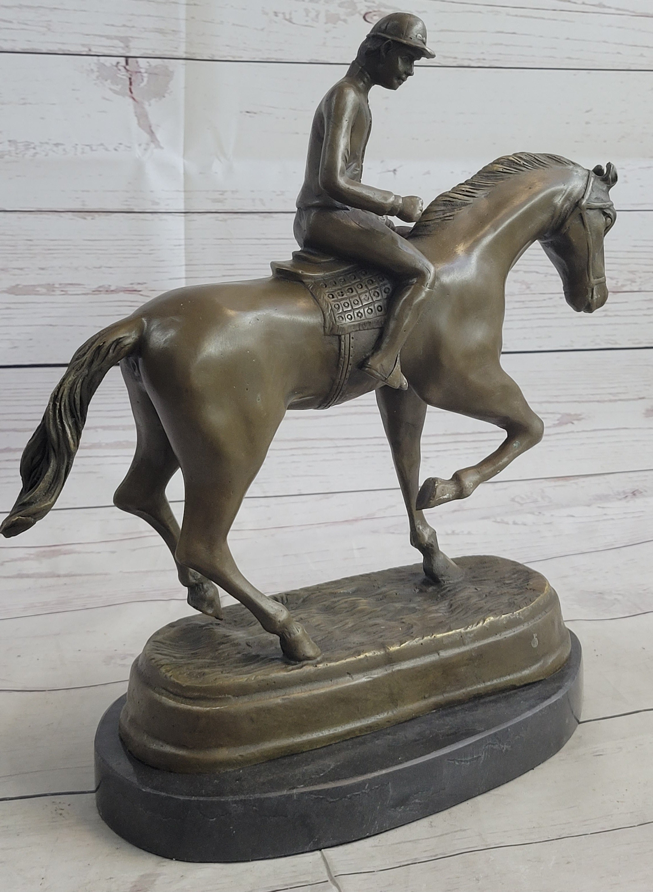 Fine Quality Signed Bronze Of A Horse And Jockey Polo Academy Racing Sculpture Kentucky