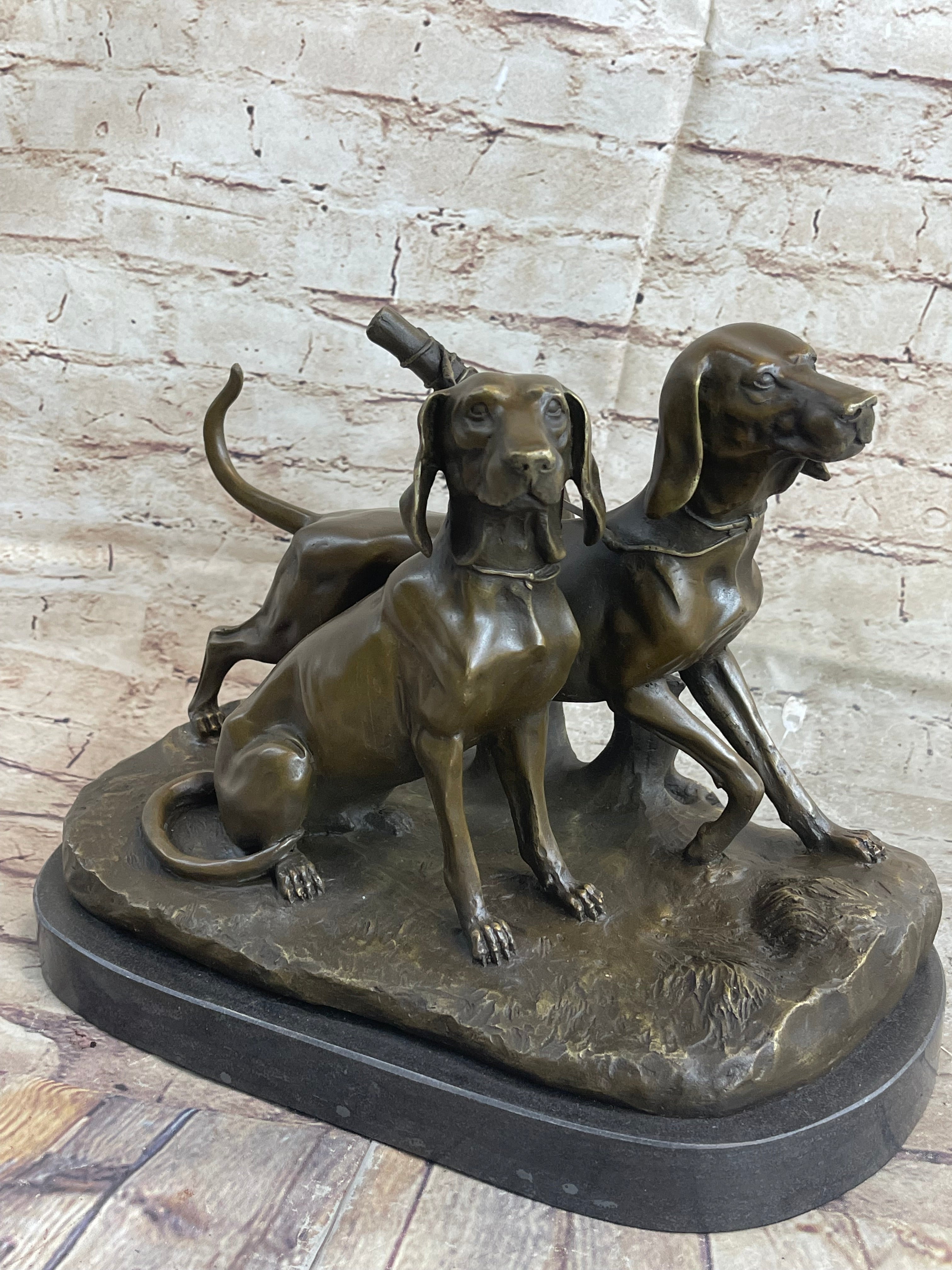 Two Large Vizsla Dog Dogs Animal House Pet by Debut Bronze Marble Sculpture Gift