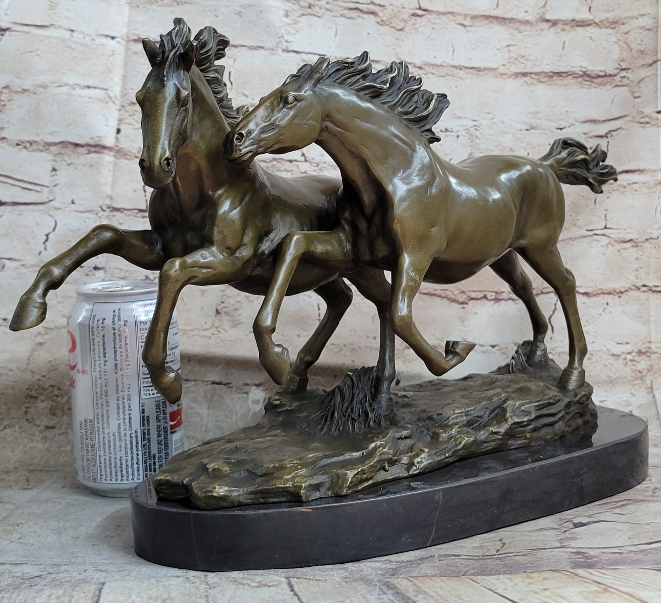 Galloping Pair of Horses Bronze Statue Sculpture Decor Signed Zhang 10" x 17"