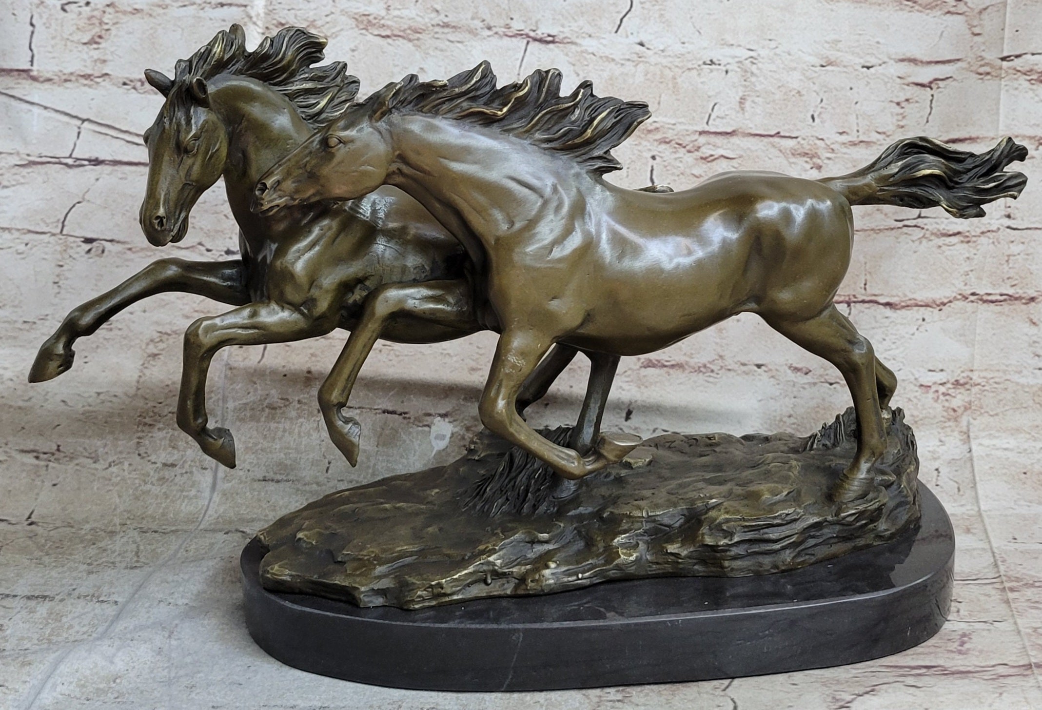 Galloping Pair of Horses Bronze Statue Sculpture Decor Signed Zhang 10" x 17"