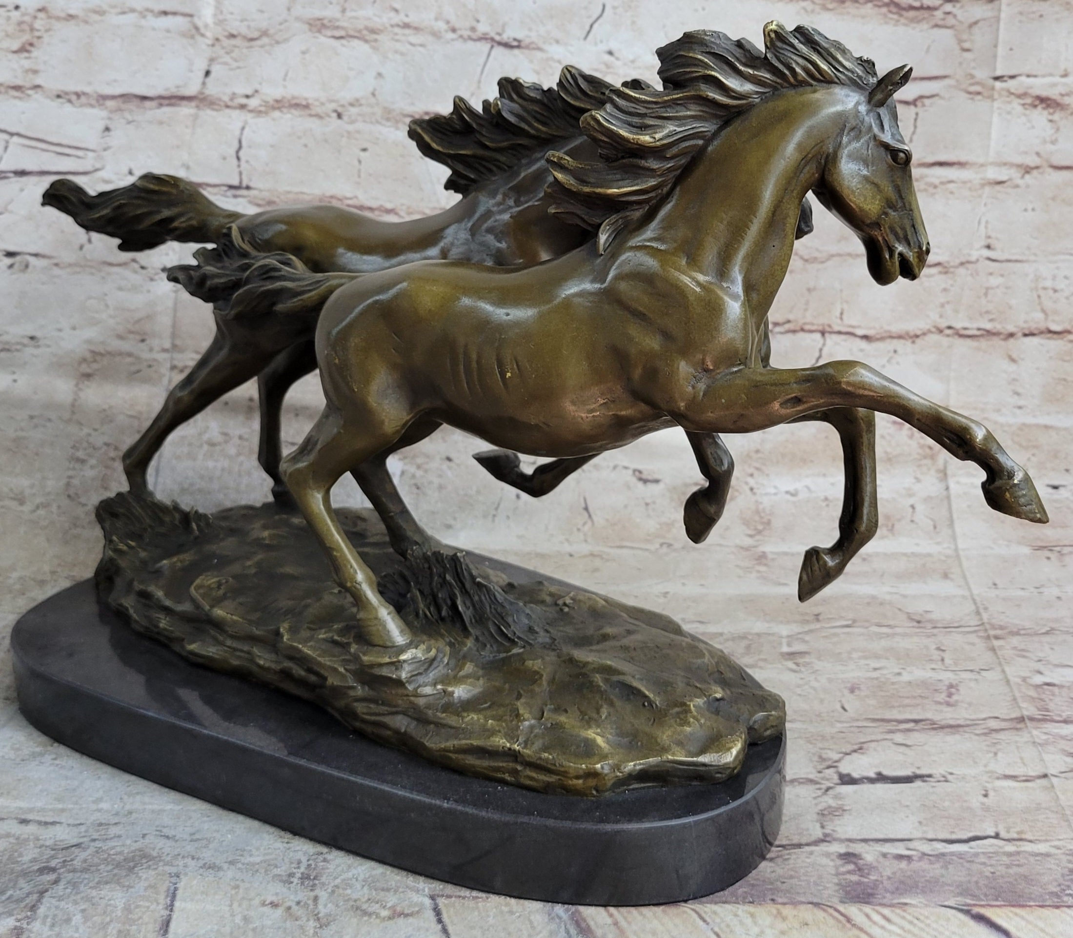 Galloping Pair of Horses Bronze Statue Sculpture Decor Signed Zhang 10" x 17"