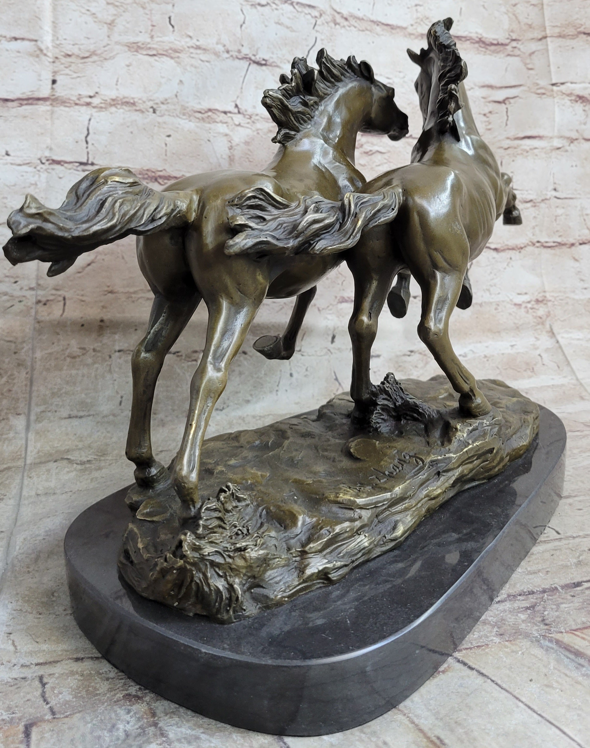 Galloping Pair of Horses Bronze Statue Sculpture Decor Signed Zhang 10" x 17"