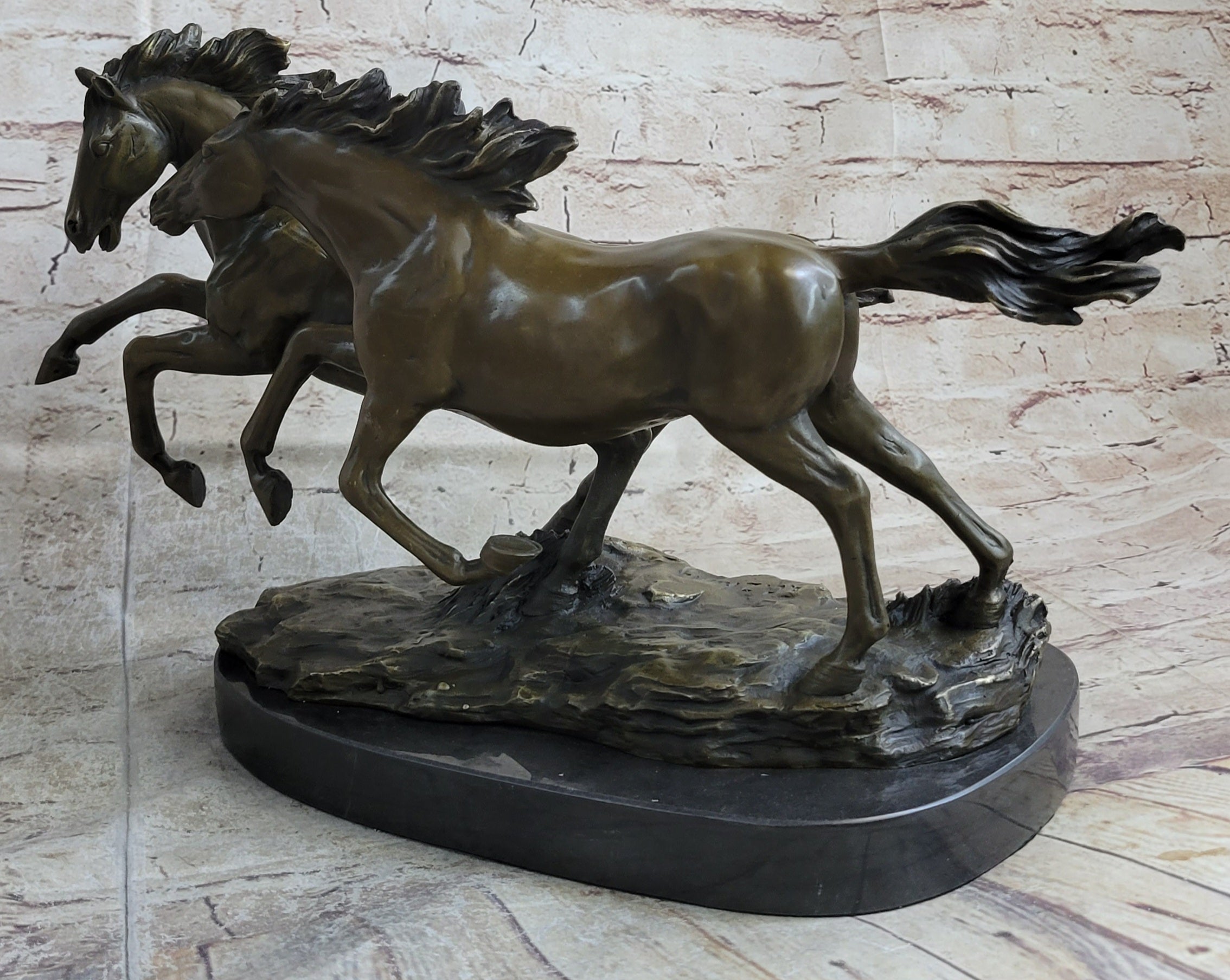 Galloping Pair of Horses Bronze Statue Sculpture Decor Signed Zhang 10" x 17"