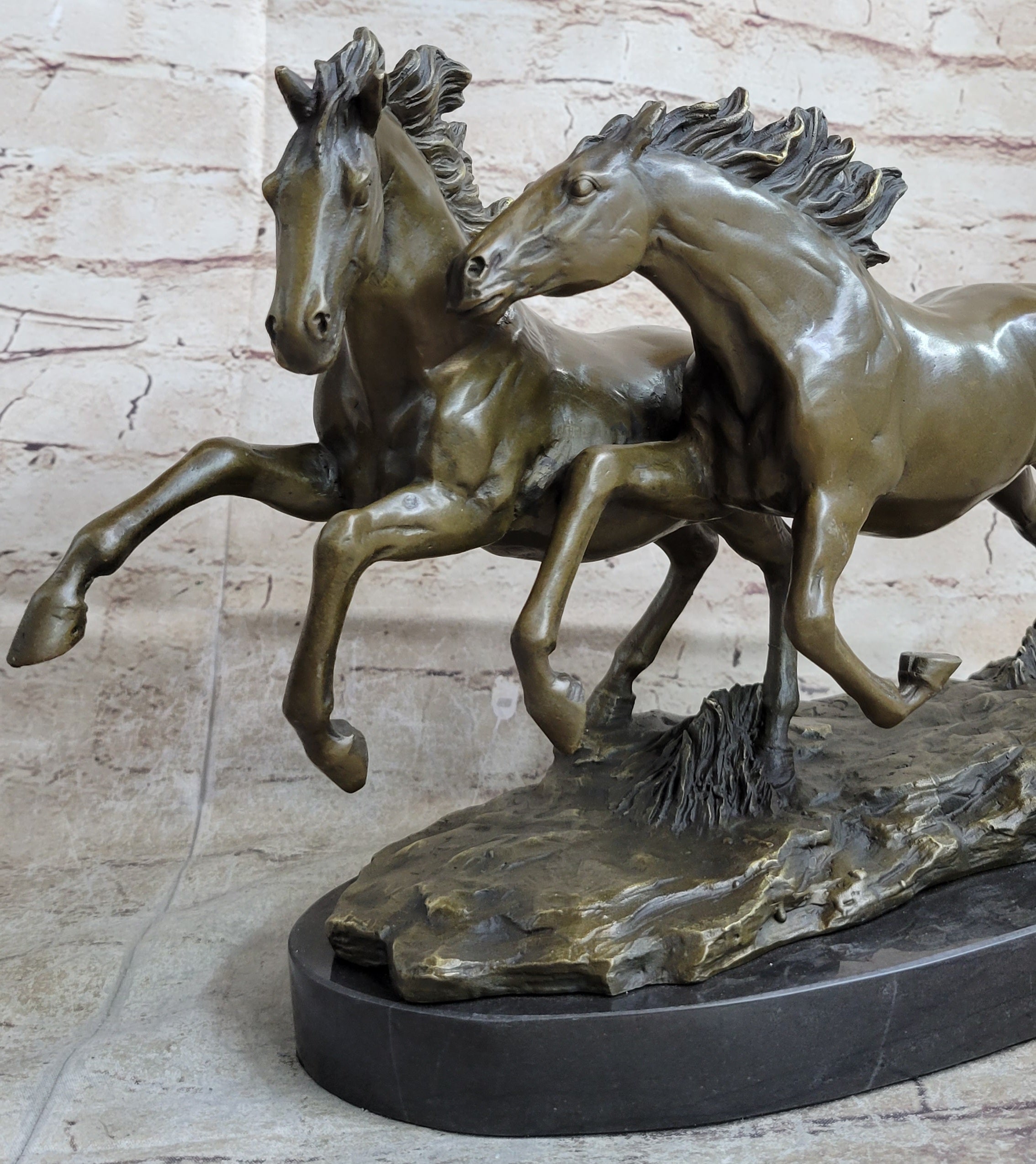 Galloping Pair of Horses Bronze Statue Sculpture Decor Signed Zhang 10" x 17"