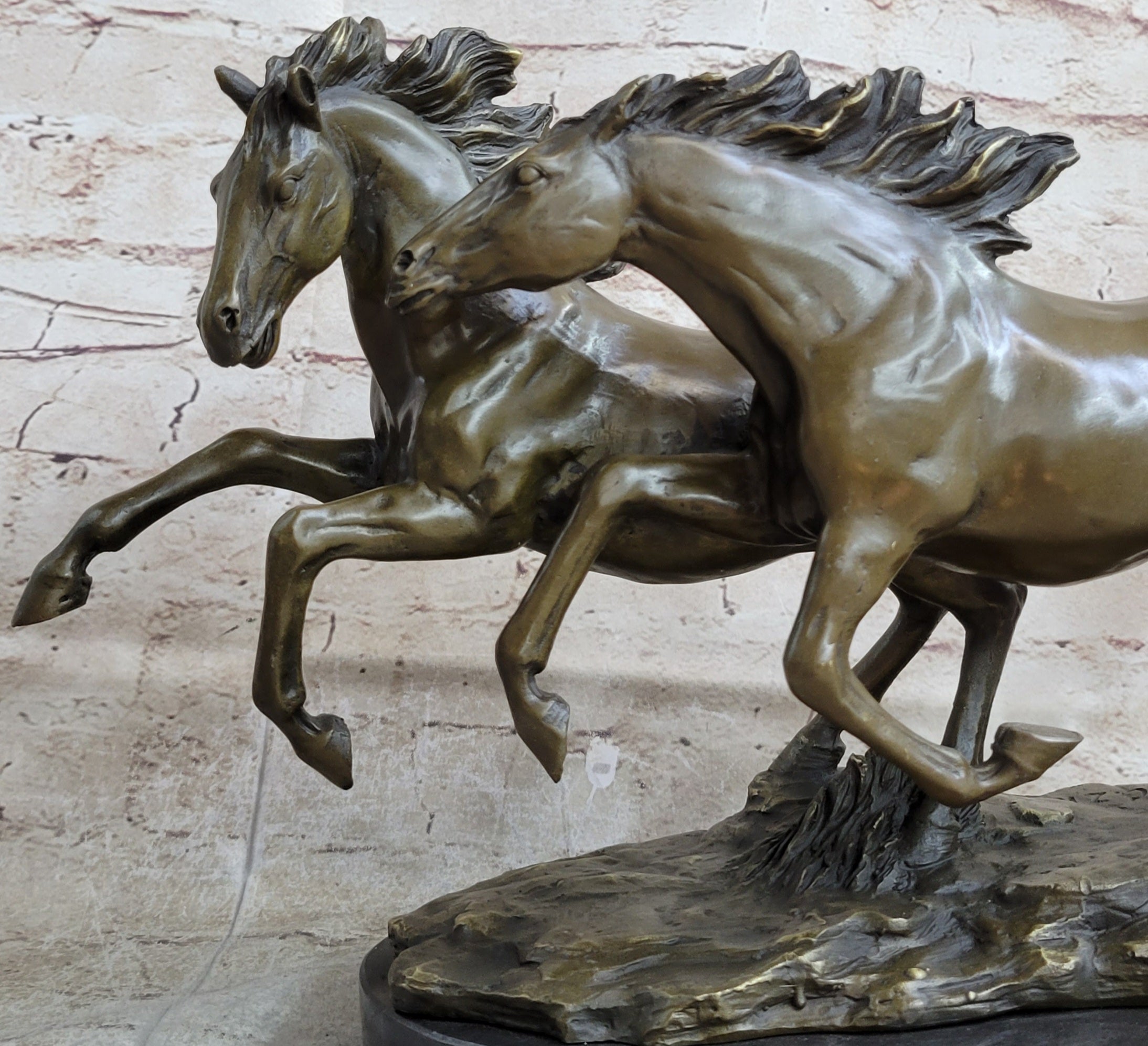 Galloping Pair of Horses Bronze Statue Sculpture Decor Signed Zhang 10" x 17"