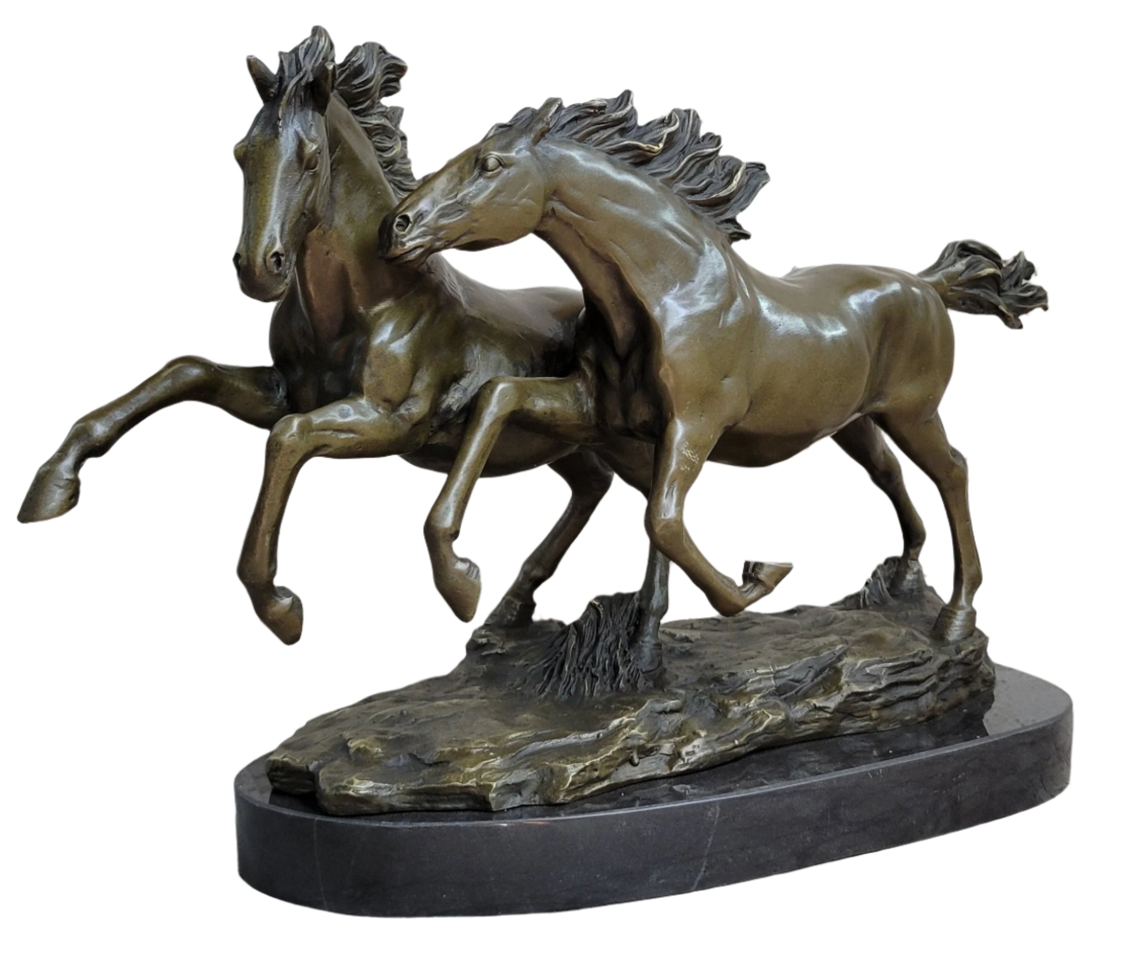 Galloping Pair of Horses Bronze Statue Sculpture Decor Signed Zhang 10" x 17"