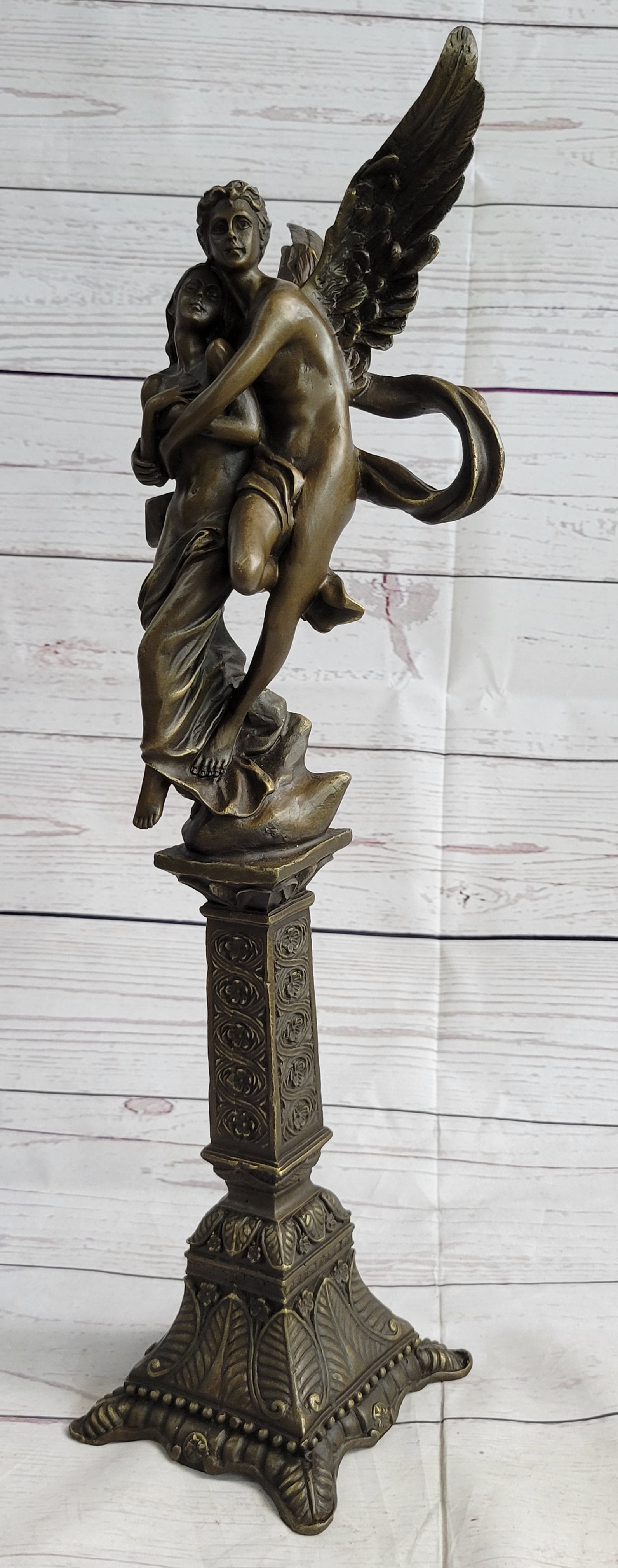 19'' Tall Nude Male Angel Carries Girl Mythical Deco Bronze Sculpture Art Nouveau