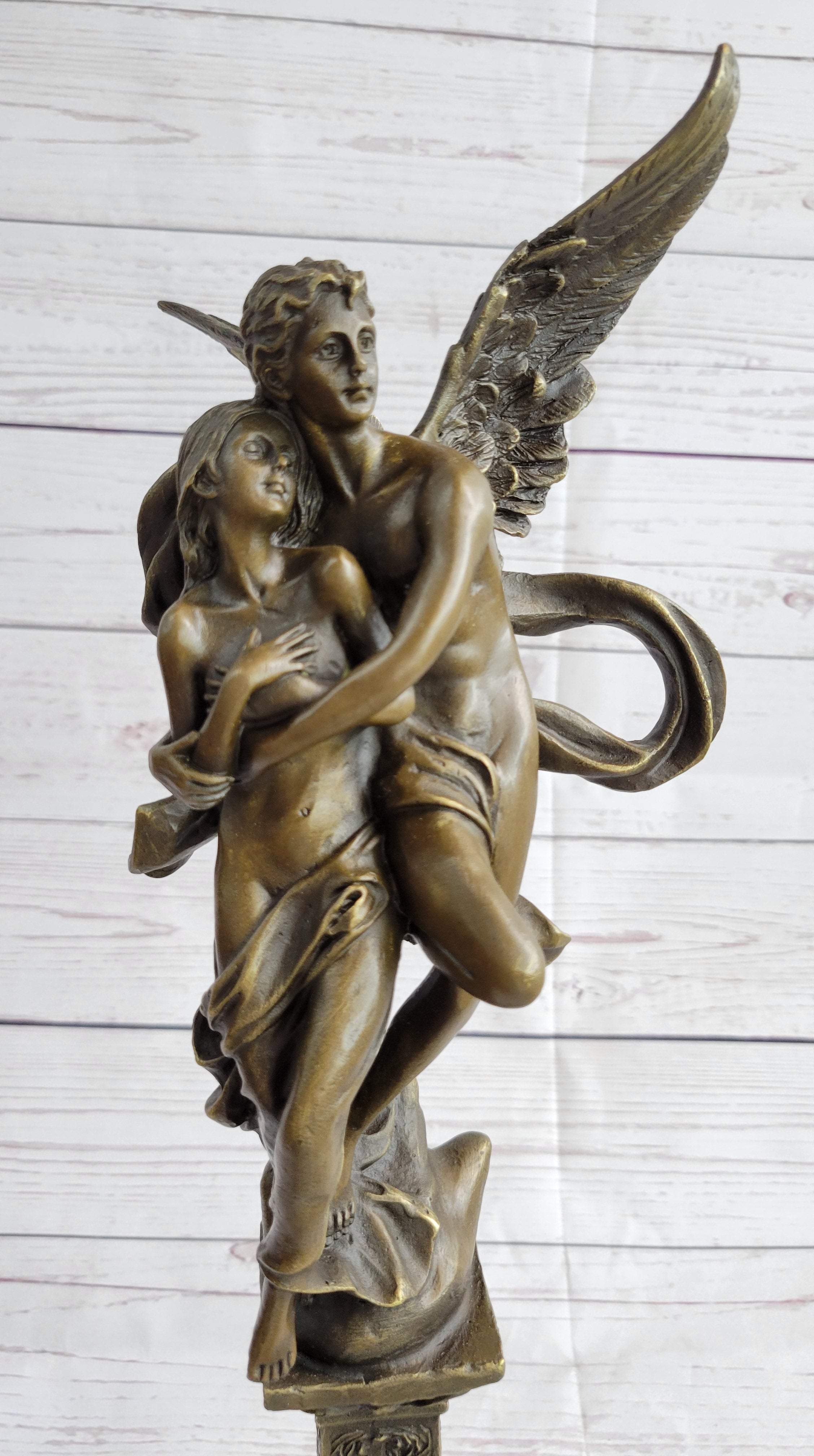 19'' Tall Nude Male Angel Carries Girl Mythical Deco Bronze Sculpture Art Nouveau