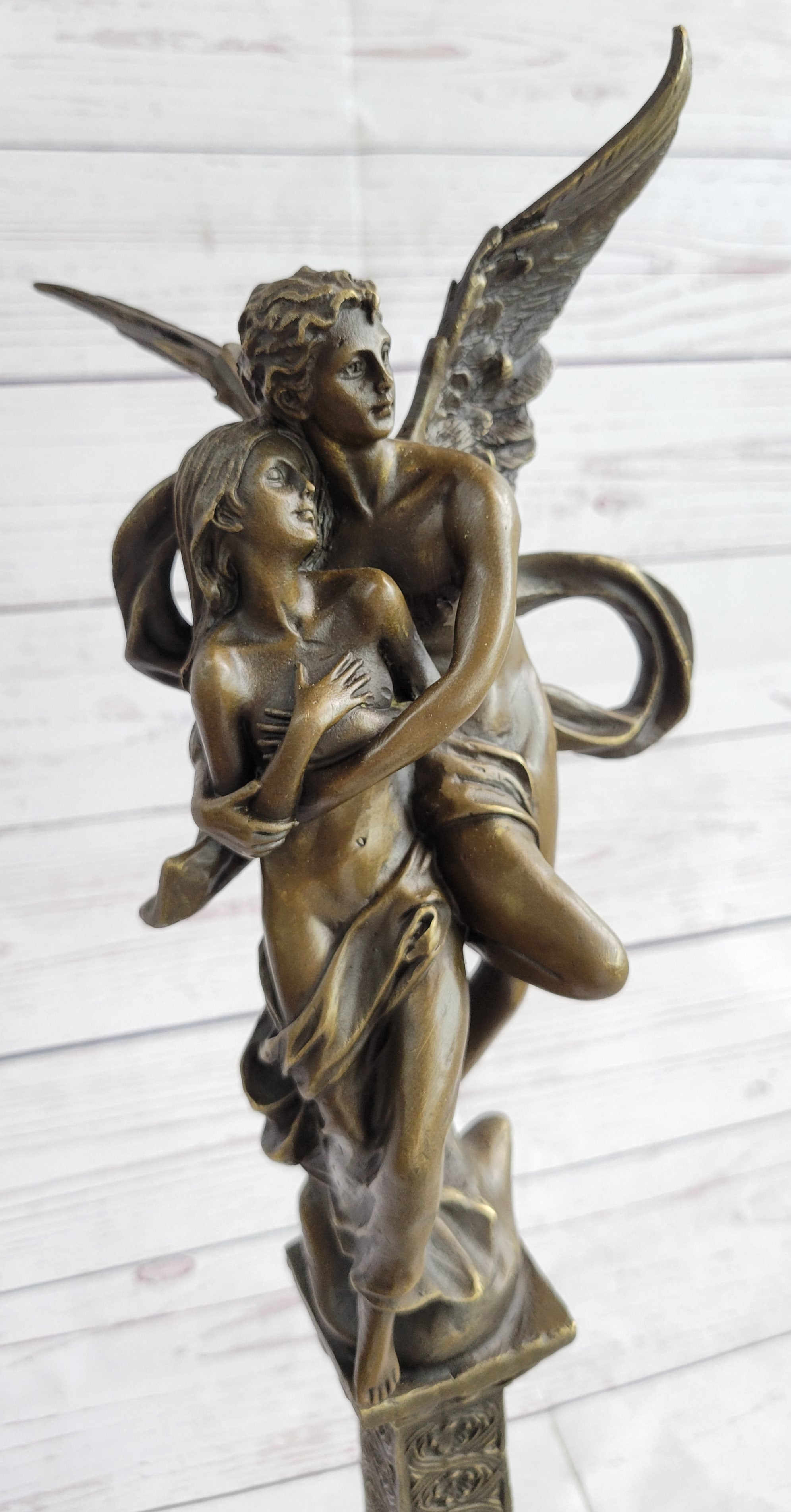 19'' Tall Nude Male Angel Carries Girl Mythical Deco Bronze Sculpture Art Nouveau