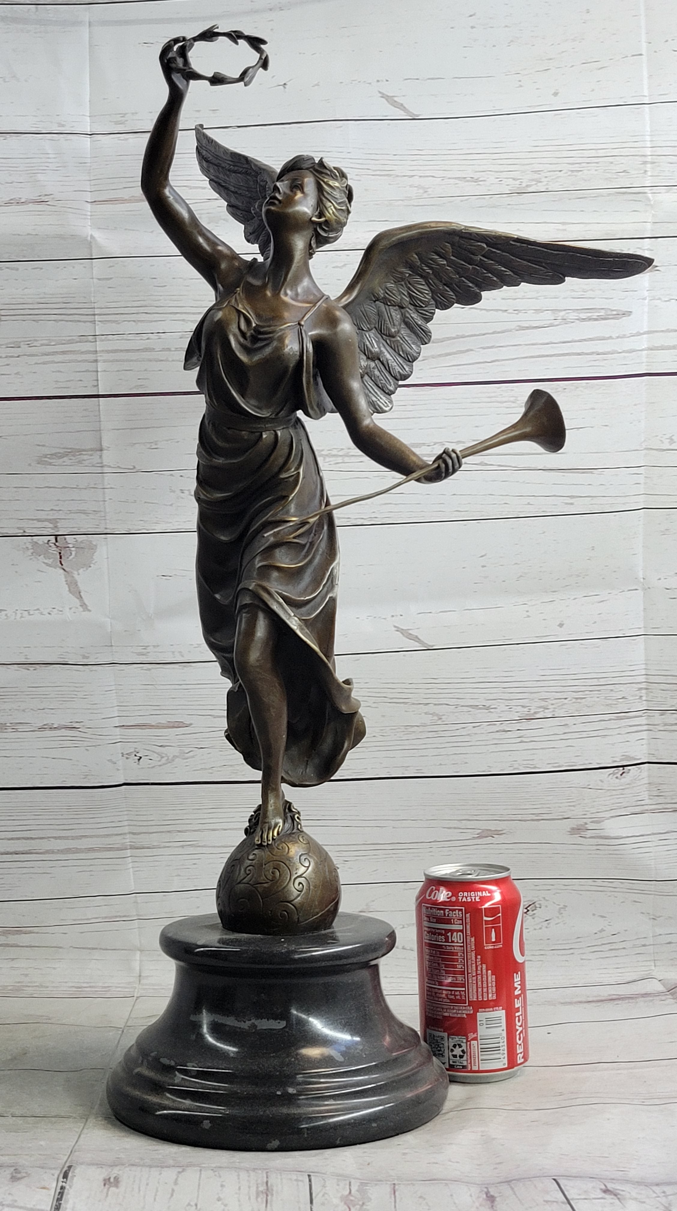 Bronze Sculpture Statue Figure of Winged Female Angel Holding Wreath & Trumpet Horn