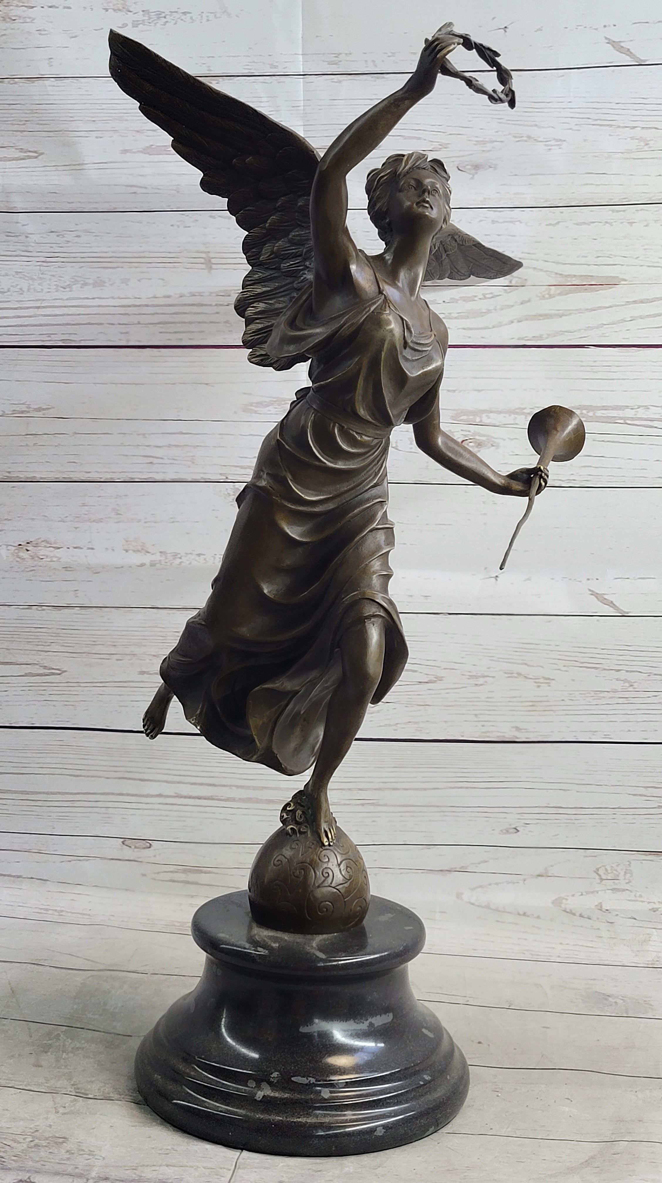 Bronze Sculpture Statue Figure of Winged Female Angel Holding Wreath & Trumpet Horn