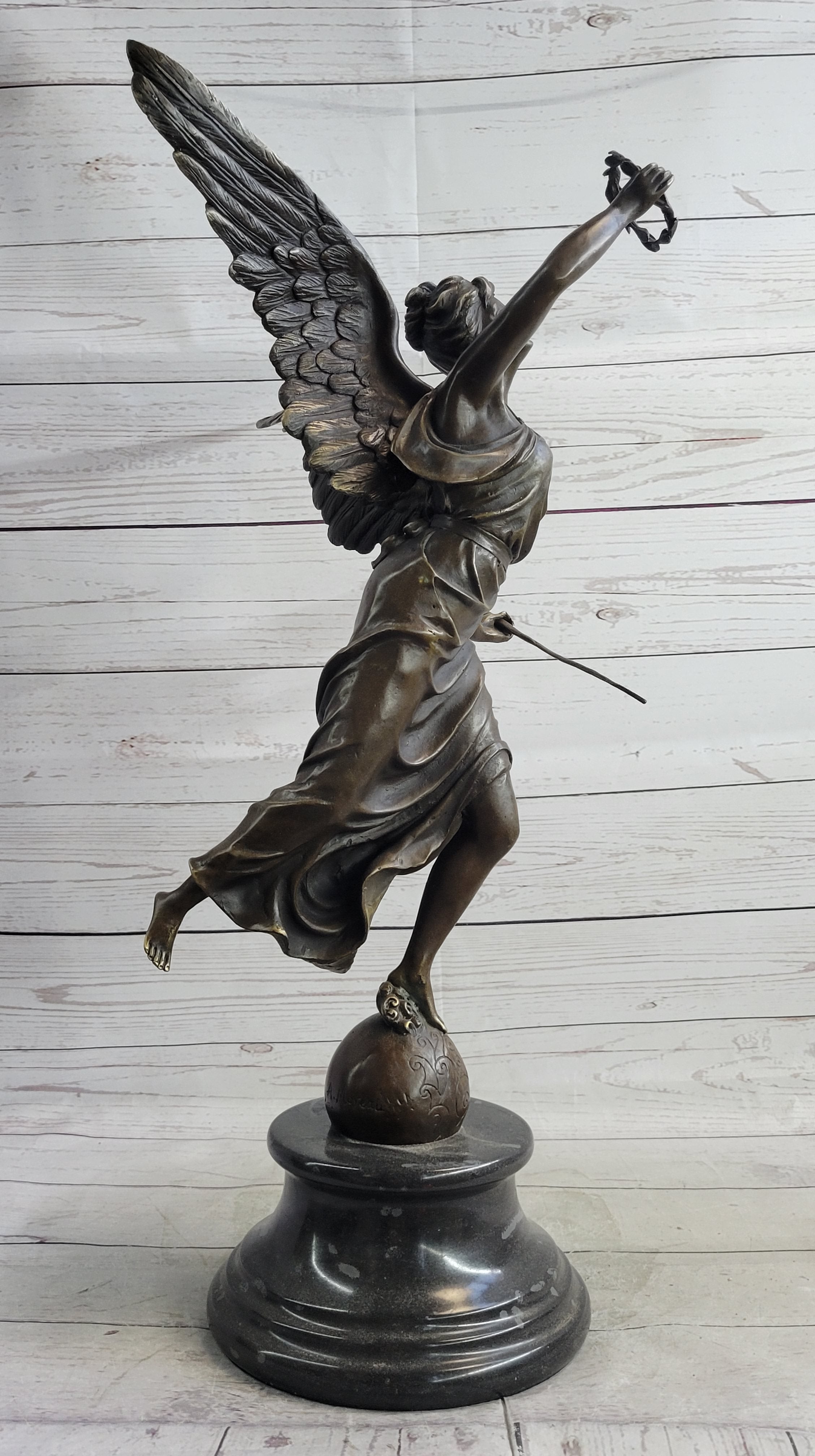 Bronze Sculpture Statue Figure of Winged Female Angel Holding Wreath & Trumpet Horn