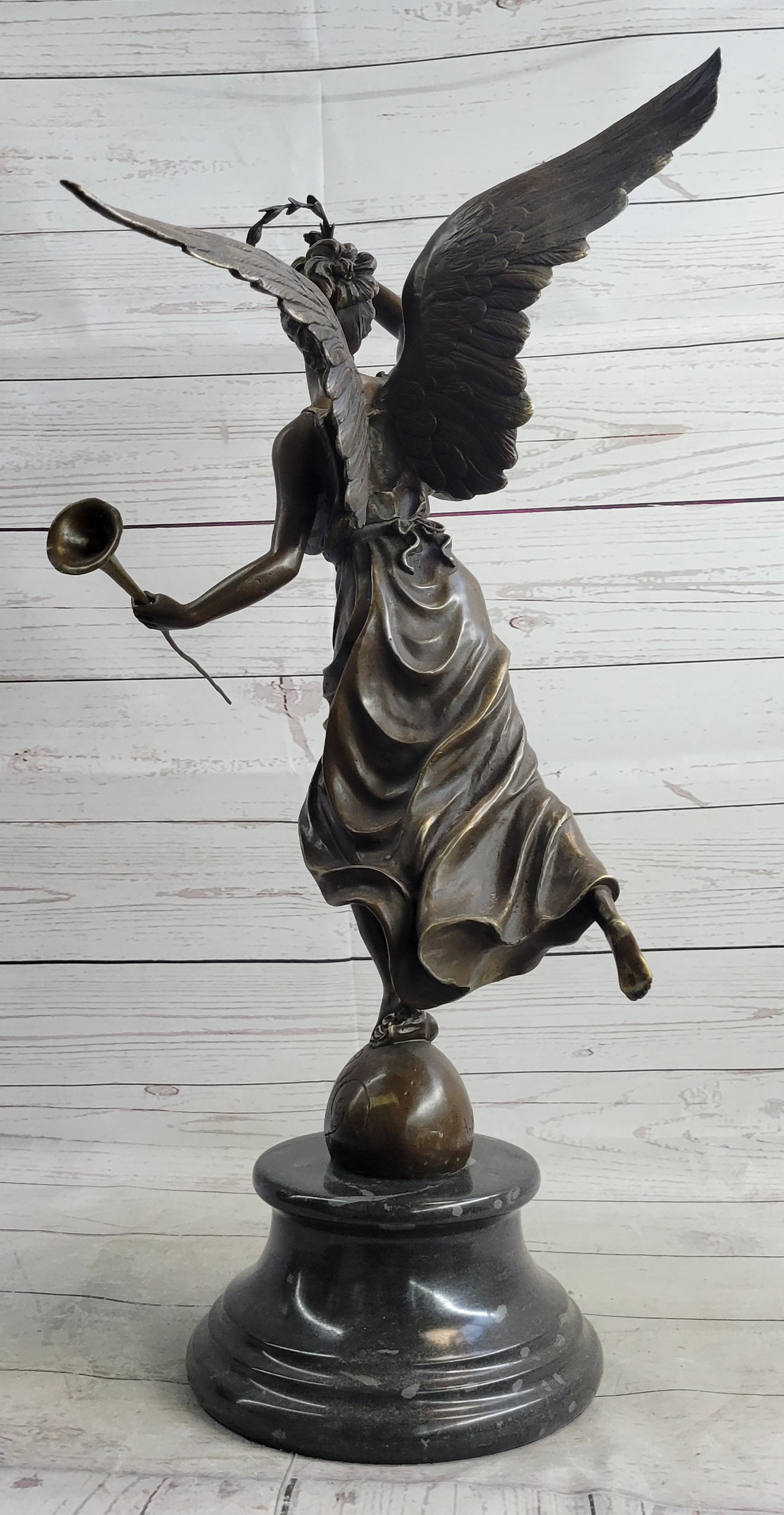 Bronze Sculpture Statue Figure of Winged Female Angel Holding Wreath & Trumpet Horn