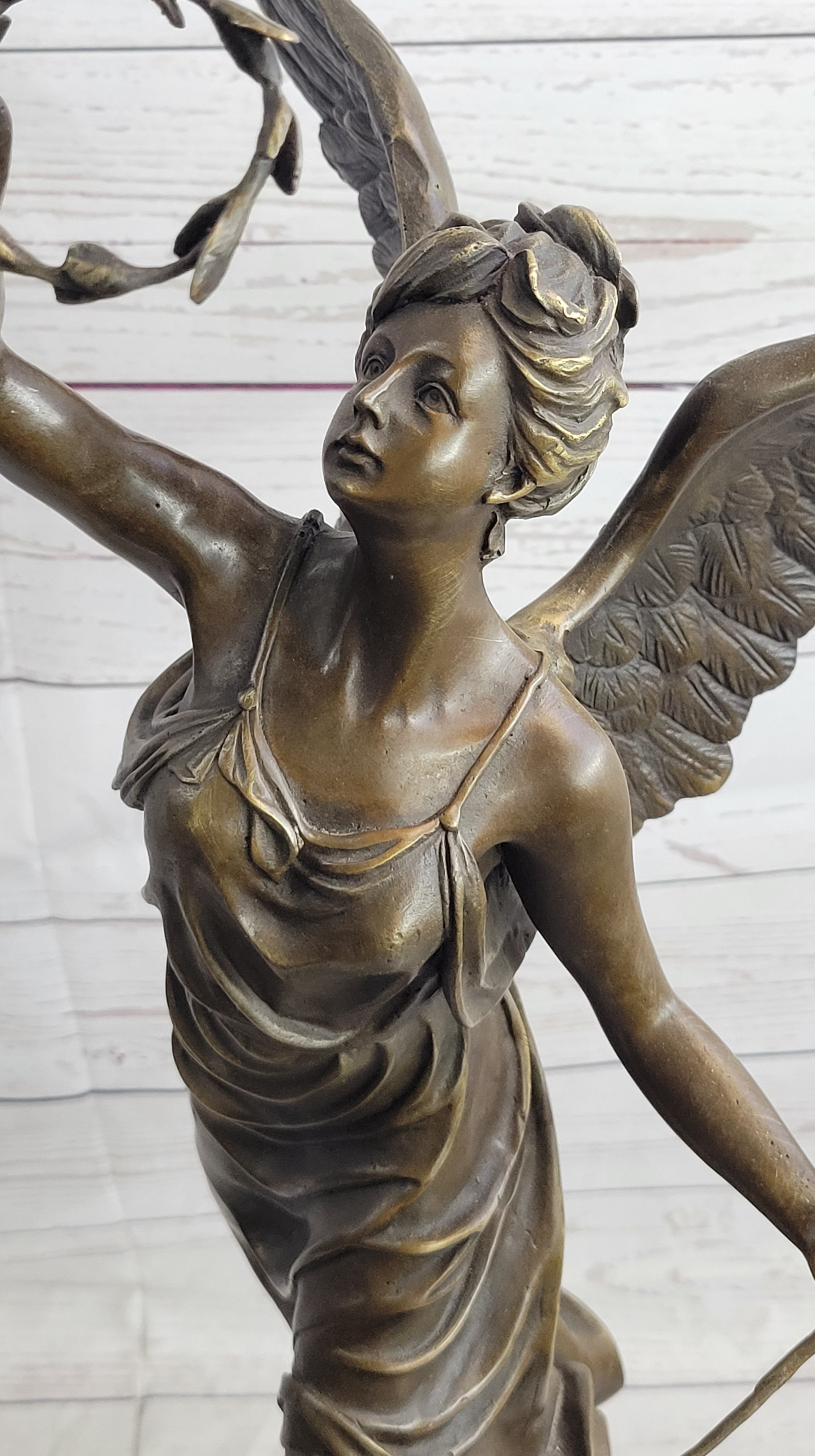 Bronze Sculpture Statue Figure of Winged Female Angel Holding Wreath & Trumpet Horn