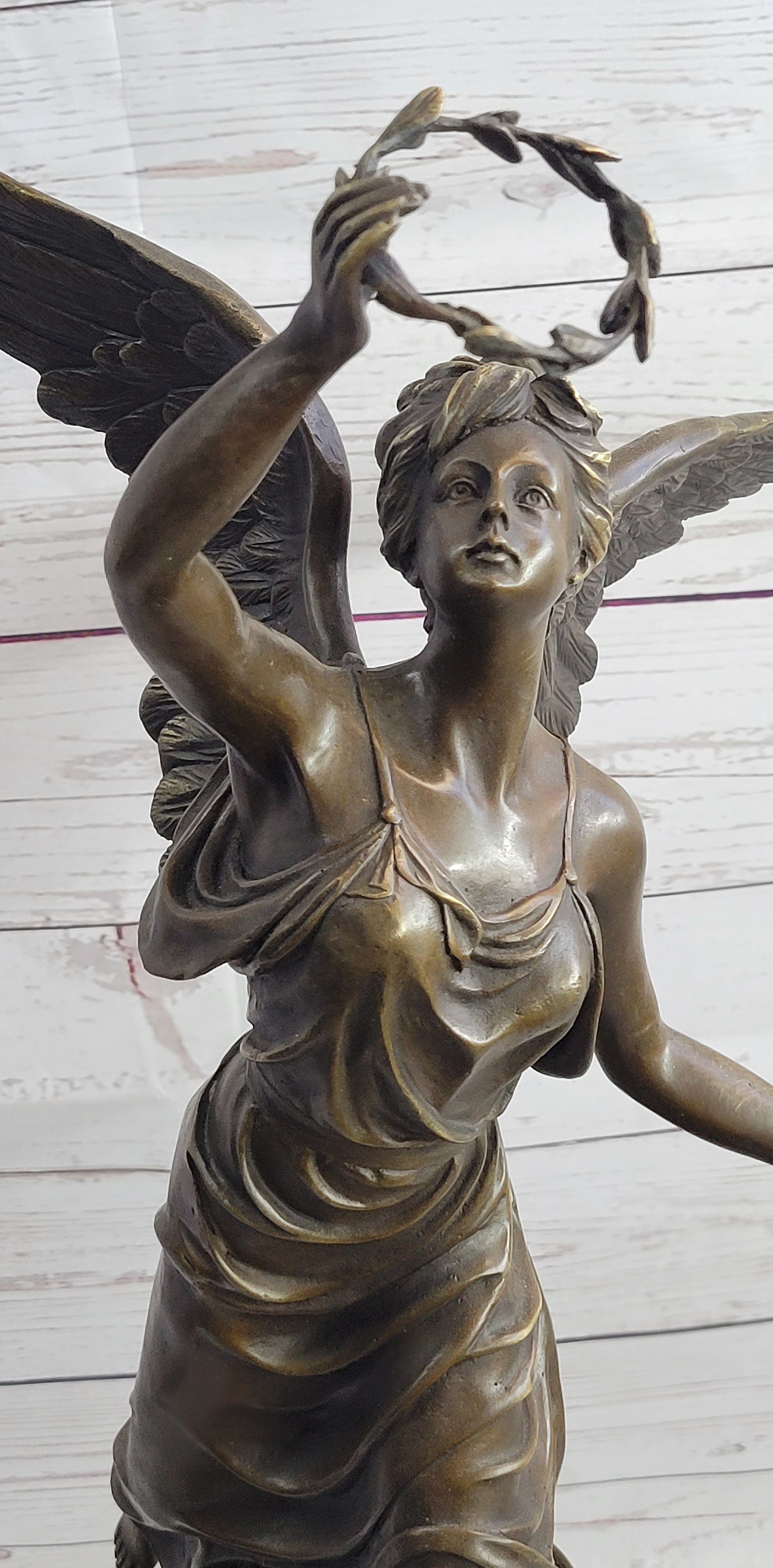 Bronze Sculpture Statue Figure of Winged Female Angel Holding Wreath & Trumpet Horn