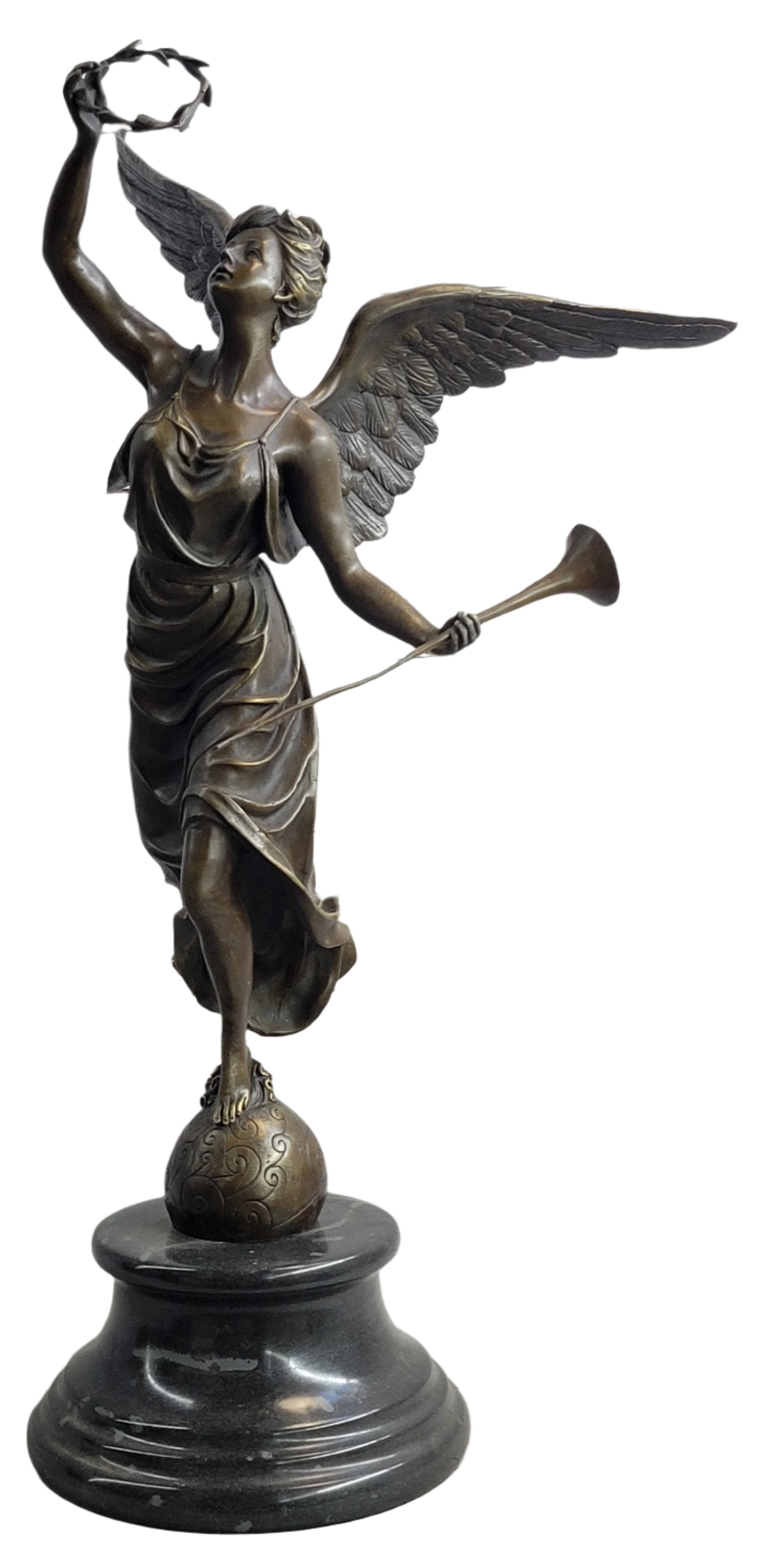 Bronze Sculpture Statue Figure of Winged Female Angel Holding Wreath & Trumpet Horn