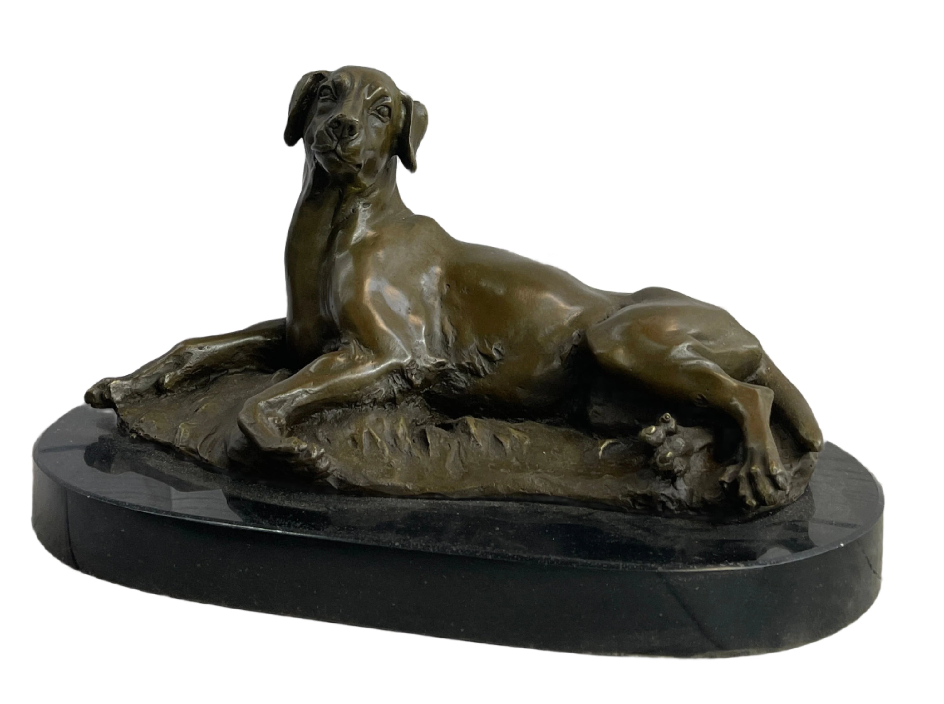 Bronze Pet Dog Sculpture Statue Figure on Marble Base Antoine Barye 8" x 13"