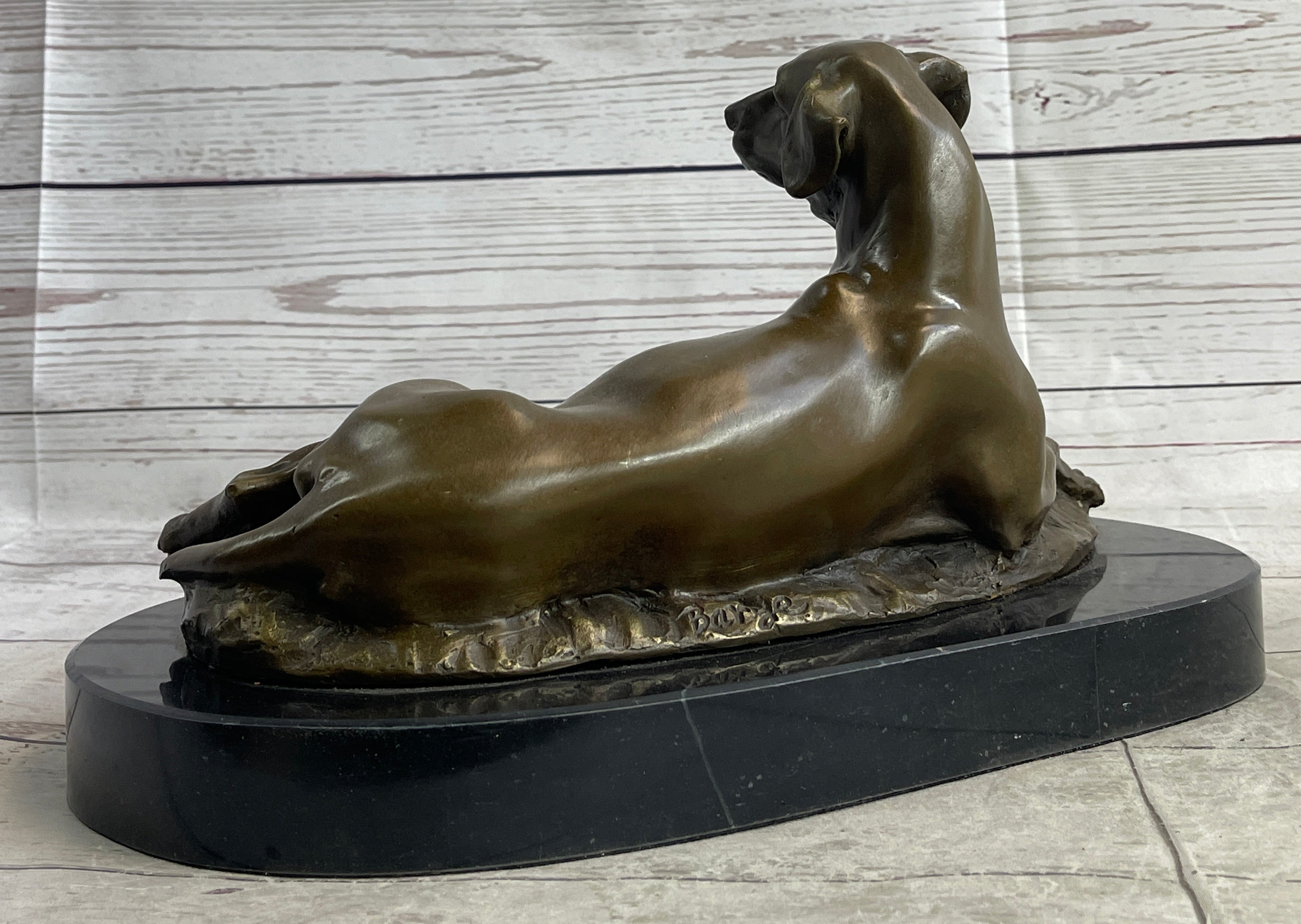 Bronze Pet Dog Sculpture Statue Figure on Marble Base Antoine Barye 8" x 13"