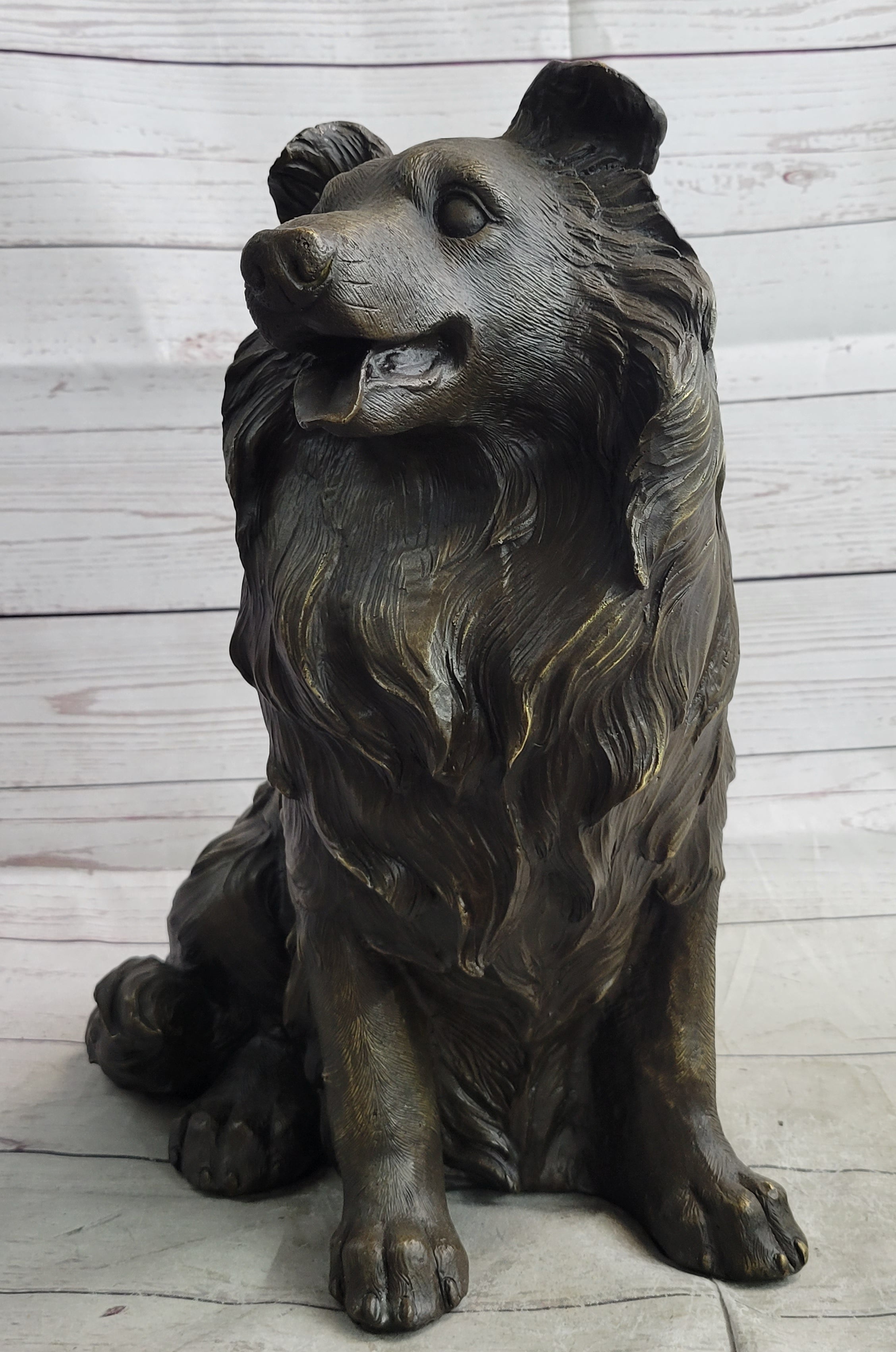 Hot Cast Bronze Metal Shetland Sheep Dog Collie Figure Sculpture Statue Figurine Signed Art