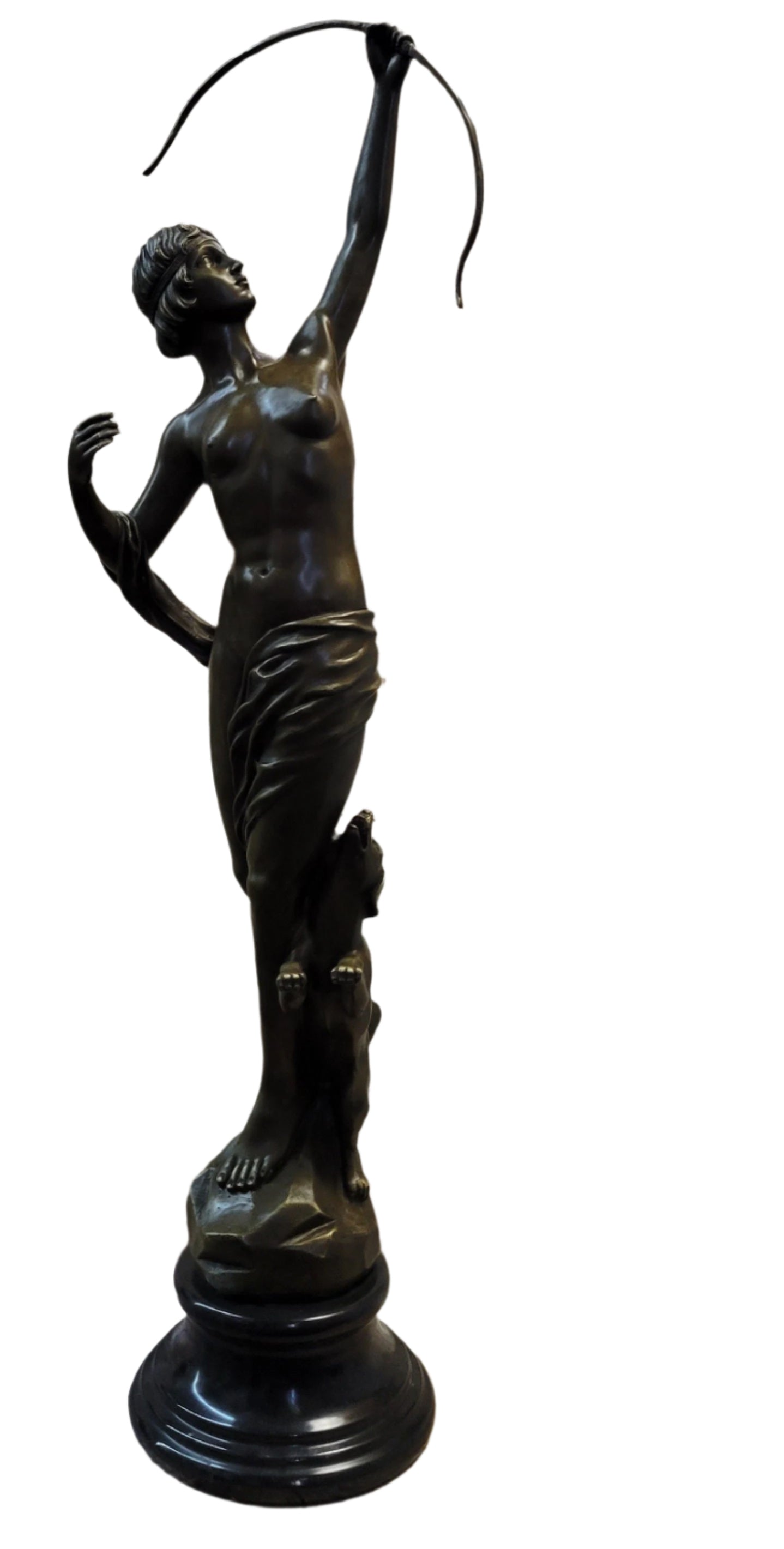 Artemis Diana Huntress with Bow and Hound Dog Bronze Sculpture Statue 35" x 13"