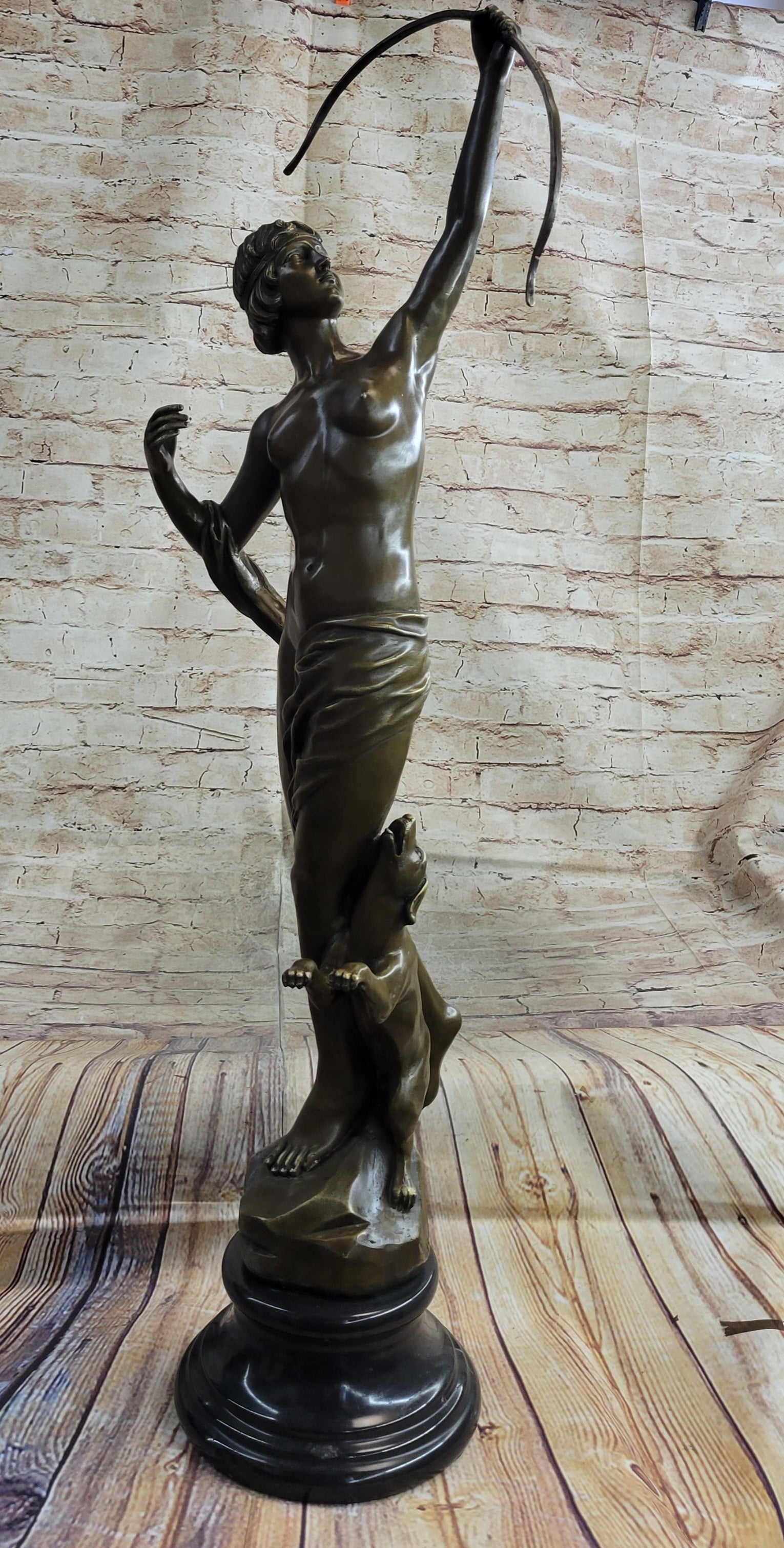 Artemis Diana Huntress with Bow and Hound Dog Bronze Sculpture Statue 35" x 13"