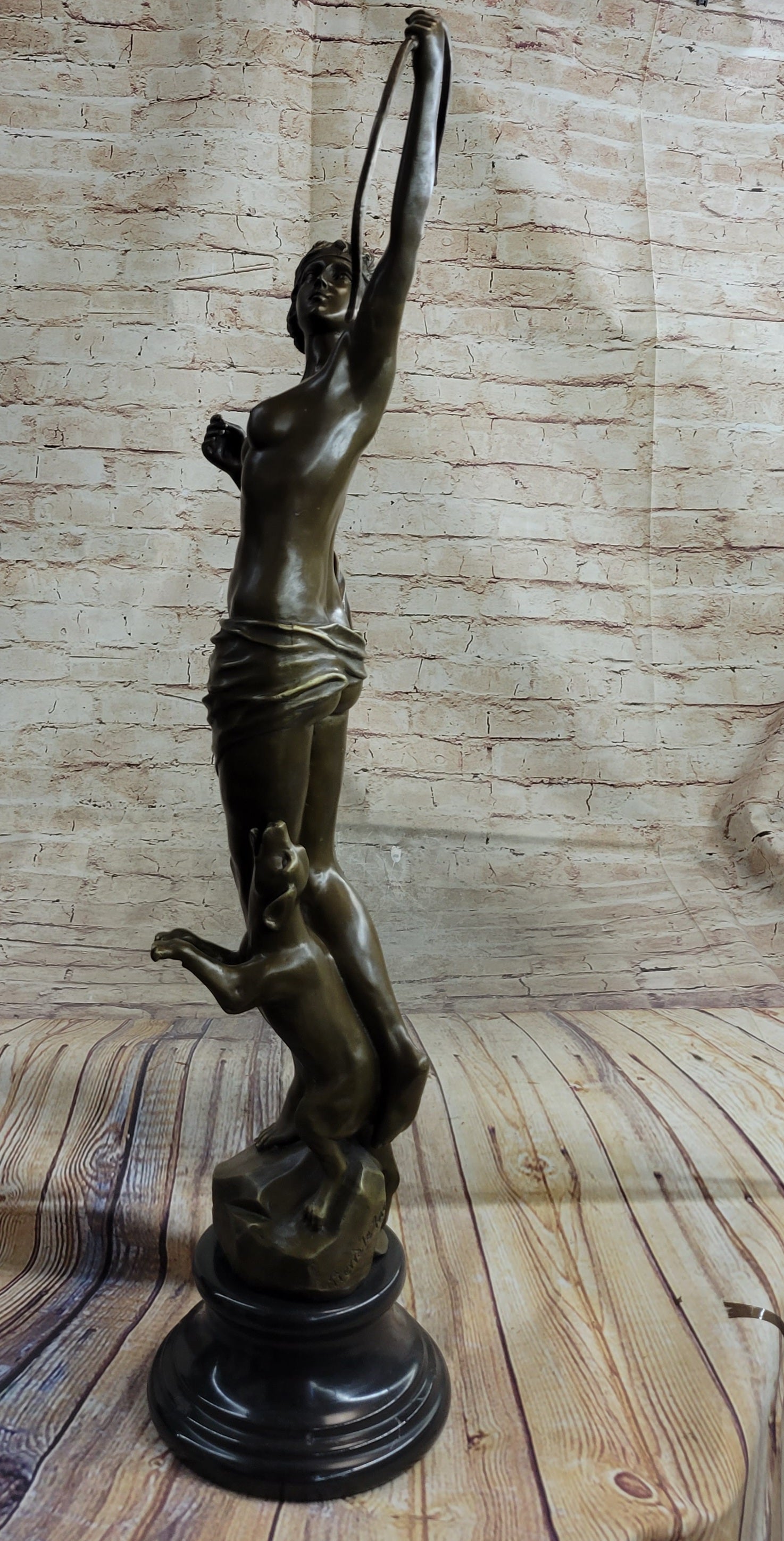 Artemis Diana Huntress with Bow and Hound Dog Bronze Sculpture Statue 35" x 13"