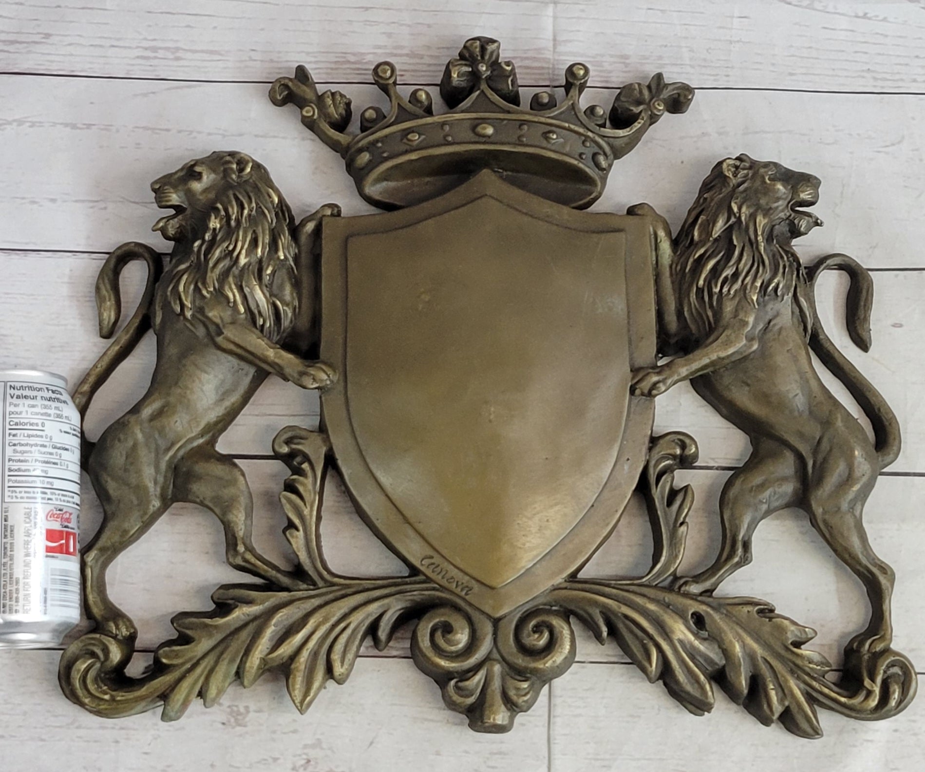 Coat of Arms Family Crest Lions Crown Bronze Wall Mounted Hanging Sculpture 13" x 16"