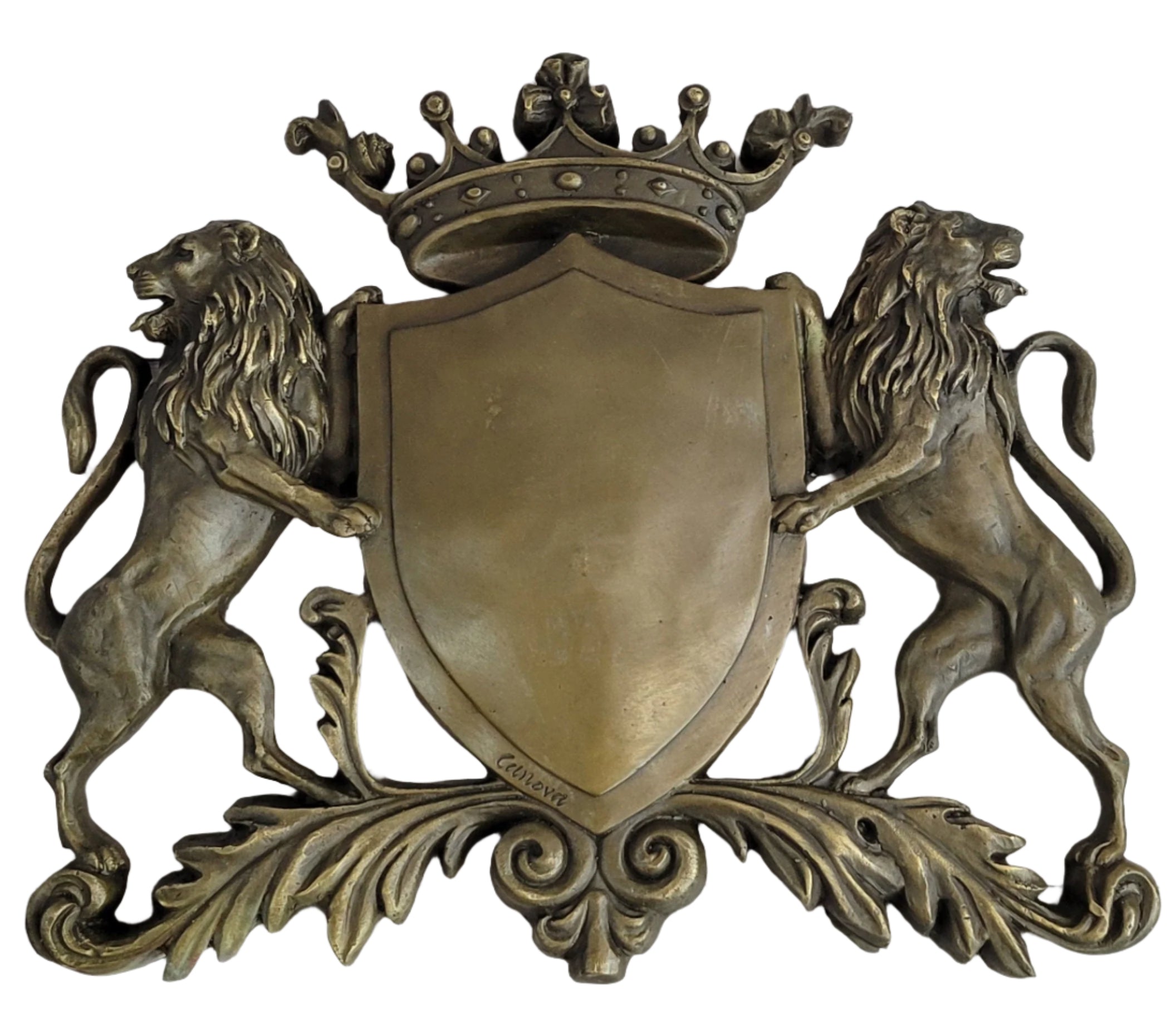 Coat of Arms Family Crest Lions Crown Bronze Wall Mounted Hanging Sculpture 13" x 16"