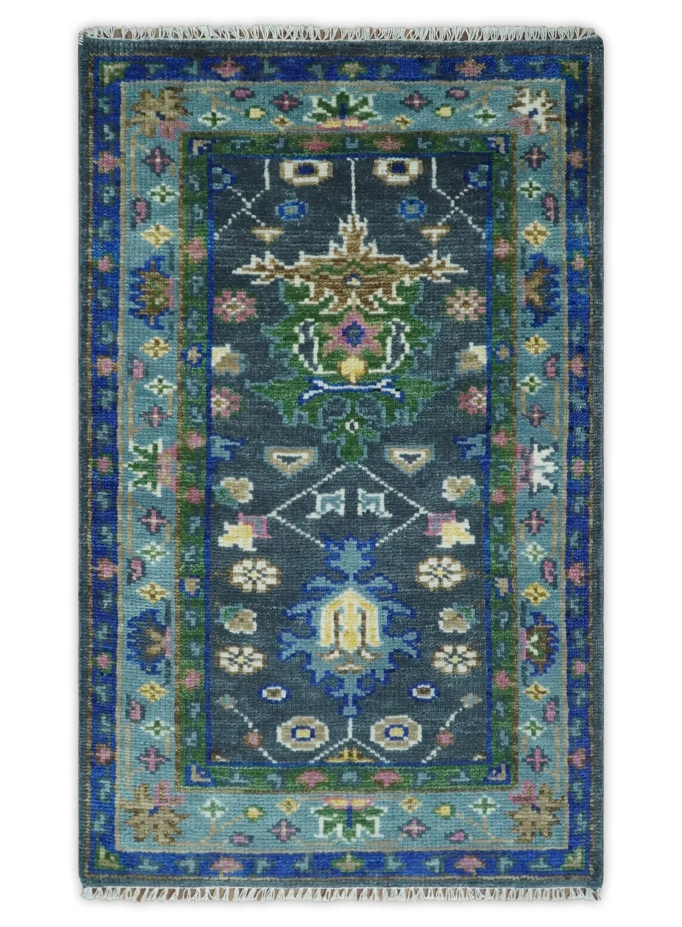 Antique Hand Knotted Blue Traditional Turkish Vintage Oushak Custom Made Wool Area Rug