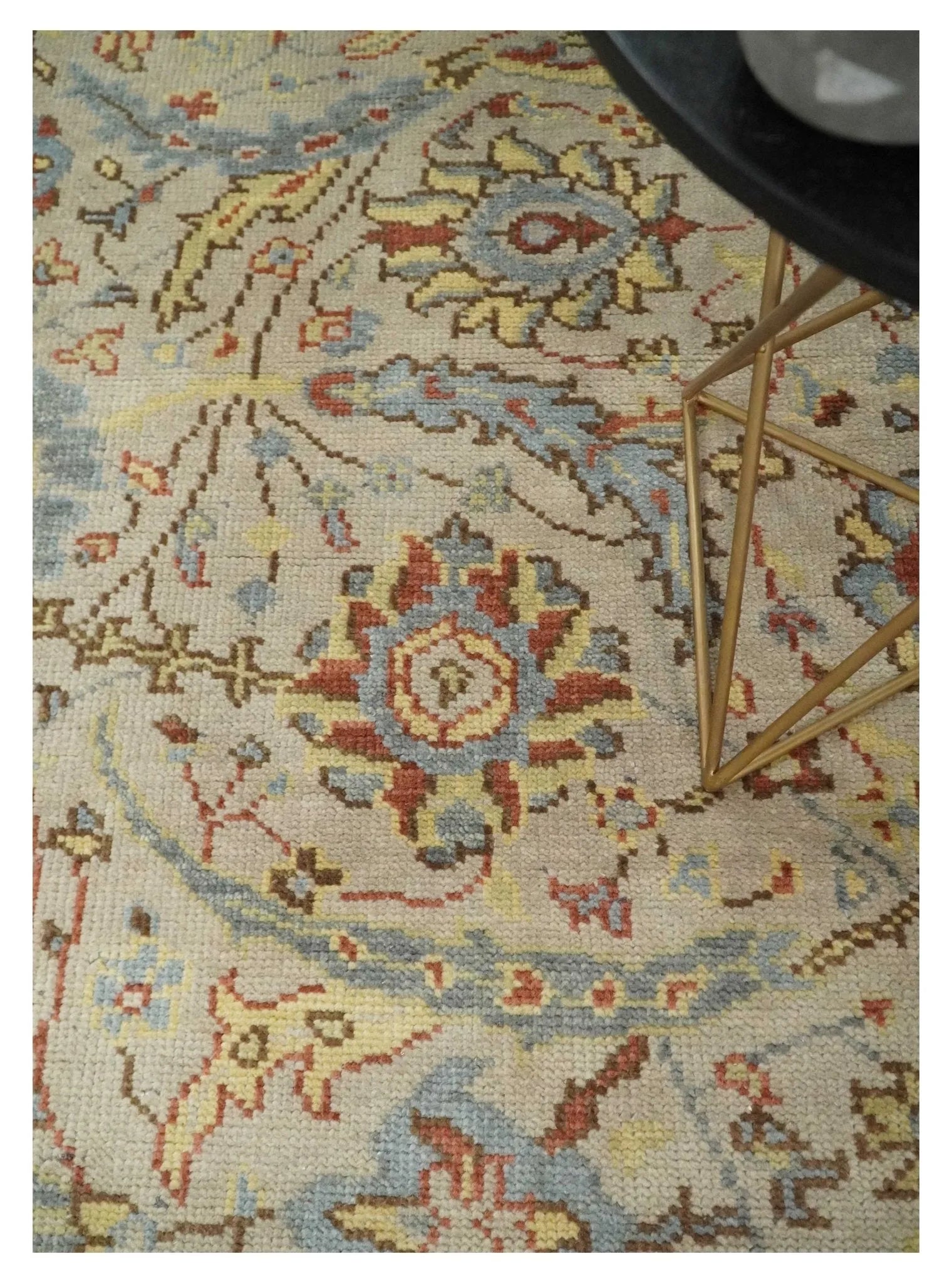 Custom Made Antique look Beige, Rust and Blue Traditional Vintage Style Hand Knotted Wool Area Rug