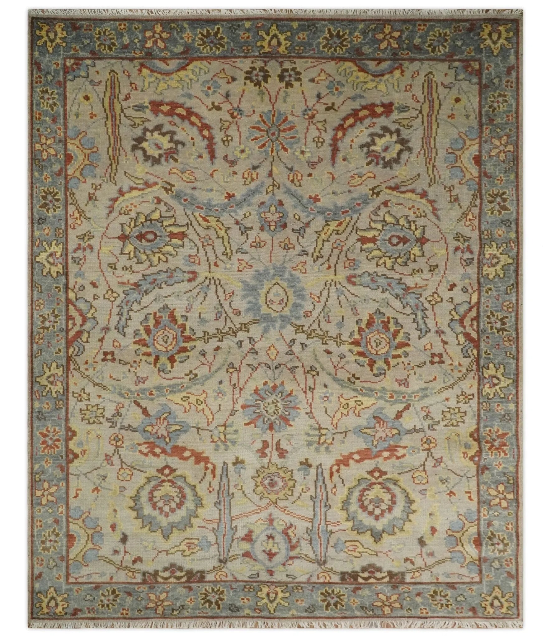 Custom Made Antique look Beige, Rust and Blue Traditional Vintage Style Hand Knotted Wool Area Rug