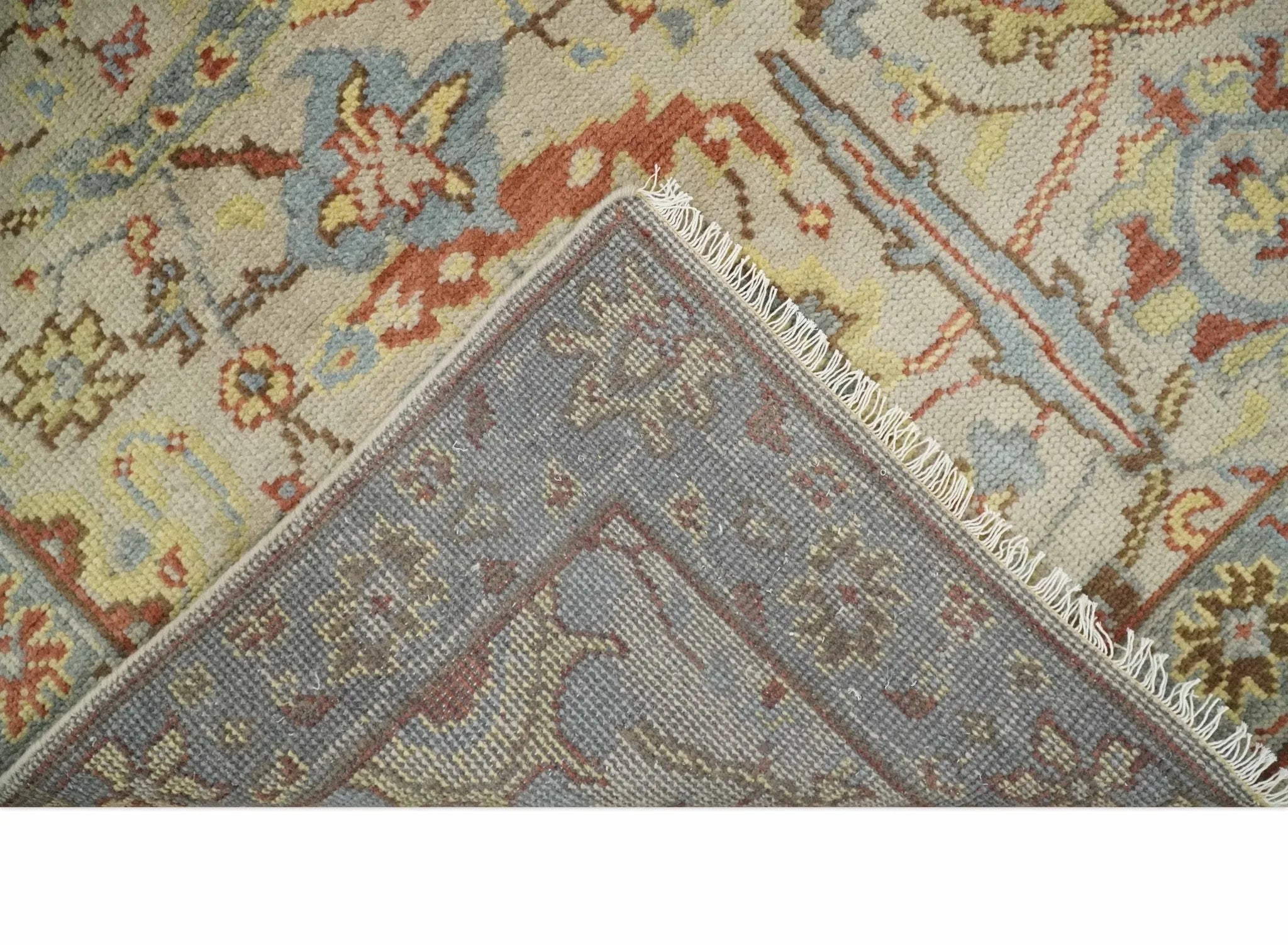 Custom Made Antique look Beige, Rust and Blue Traditional Vintage Style Hand Knotted Wool Area Rug