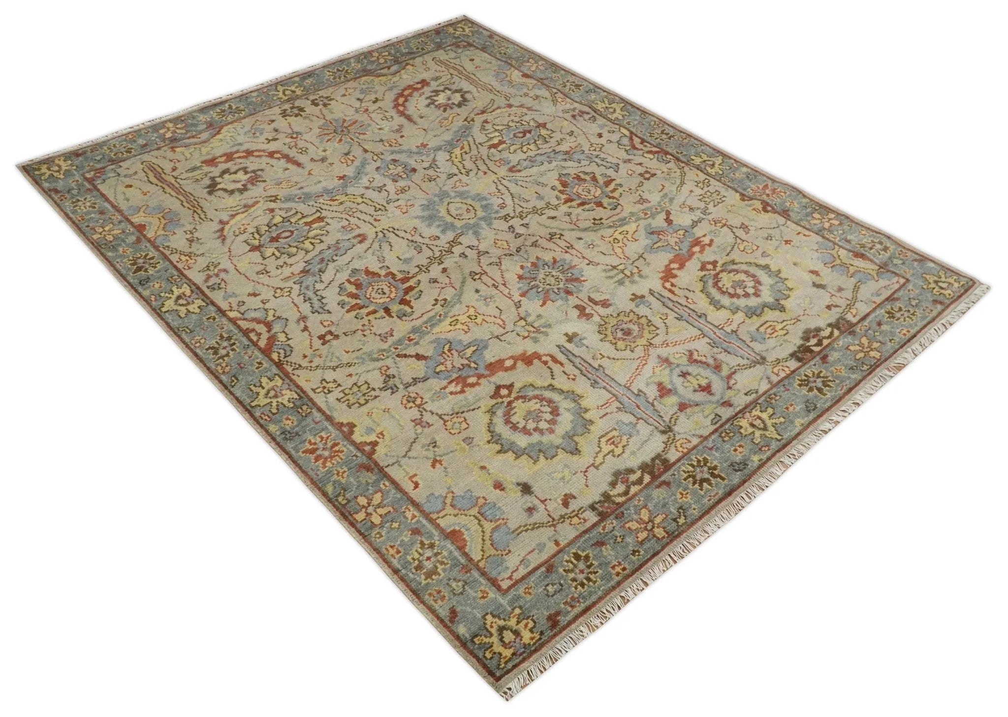 Custom Made Antique look Beige, Rust and Blue Traditional Vintage Style Hand Knotted Wool Area Rug