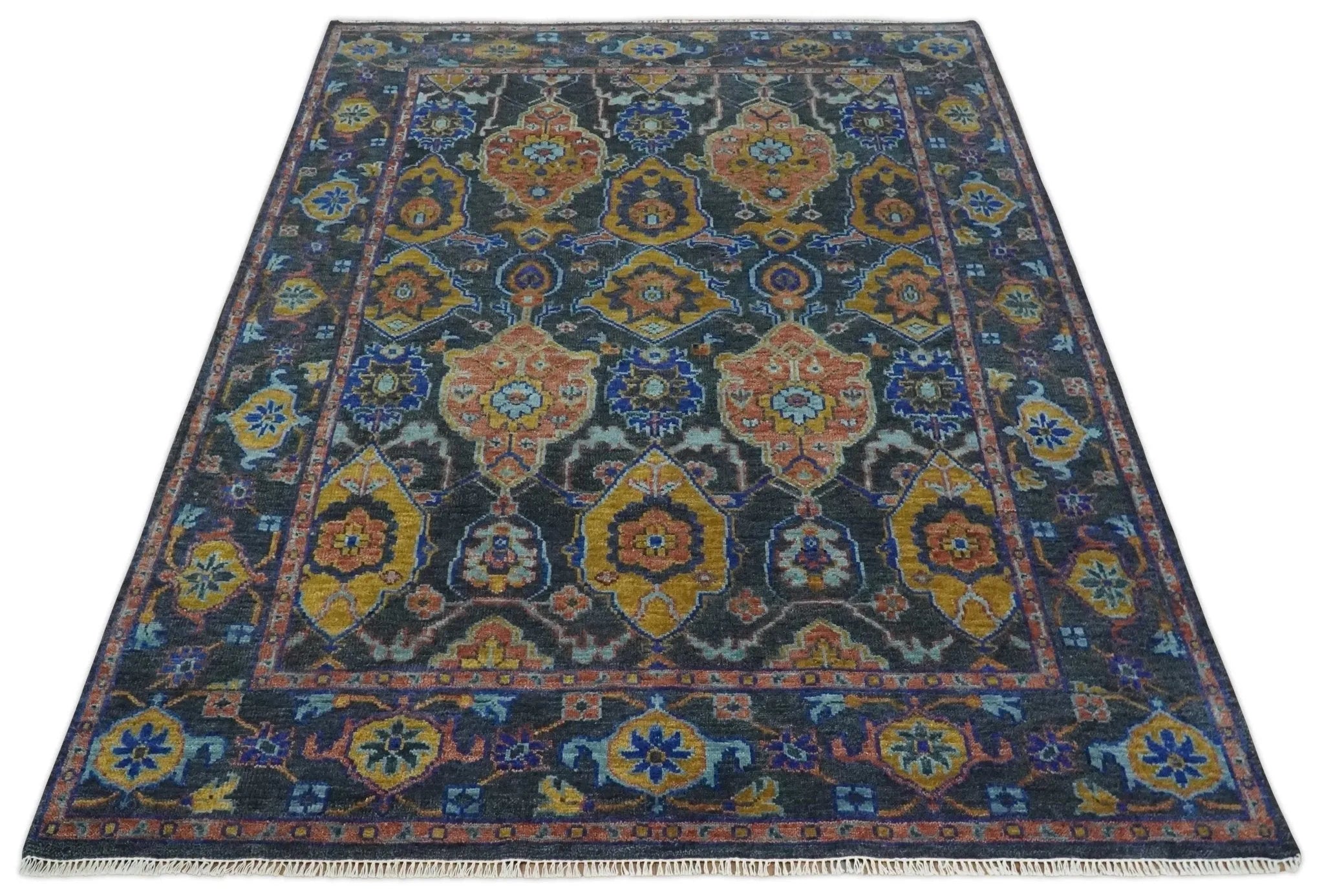 Custom Made Antique look Traditional Ikat Large Design Gray, Rust and Blue Hand knotted Oushak wool Area Rug