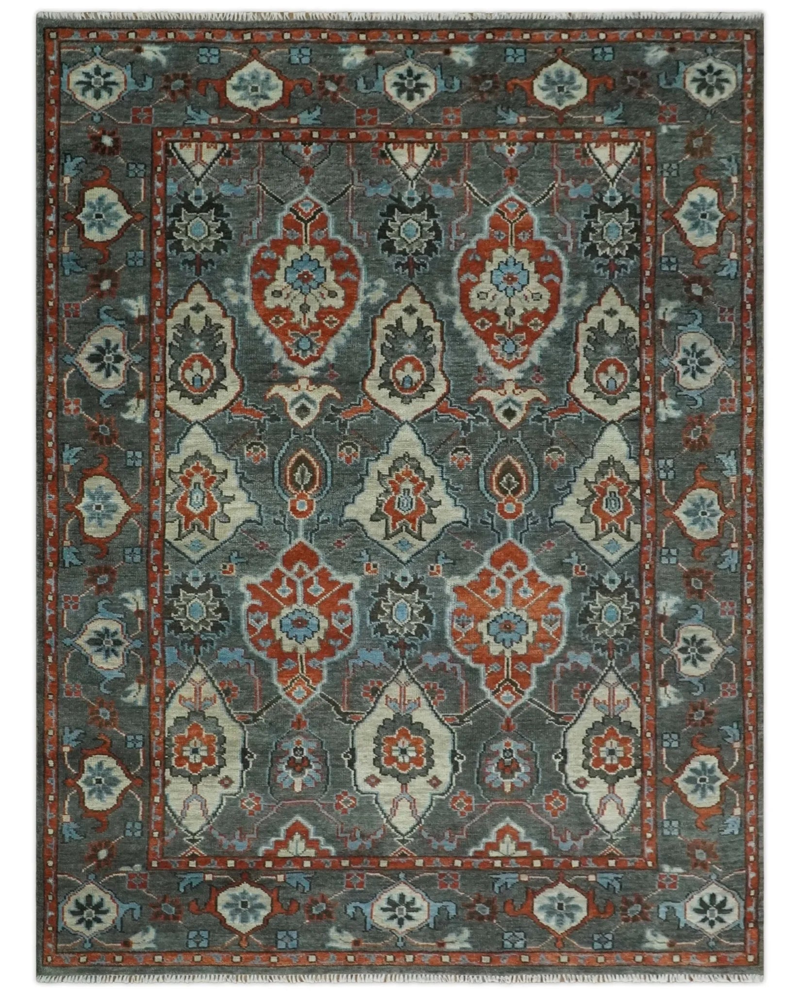 Antique look Gray, Rust and Ivory Hand knotted Traditional Oushak Multi Size Area Rug