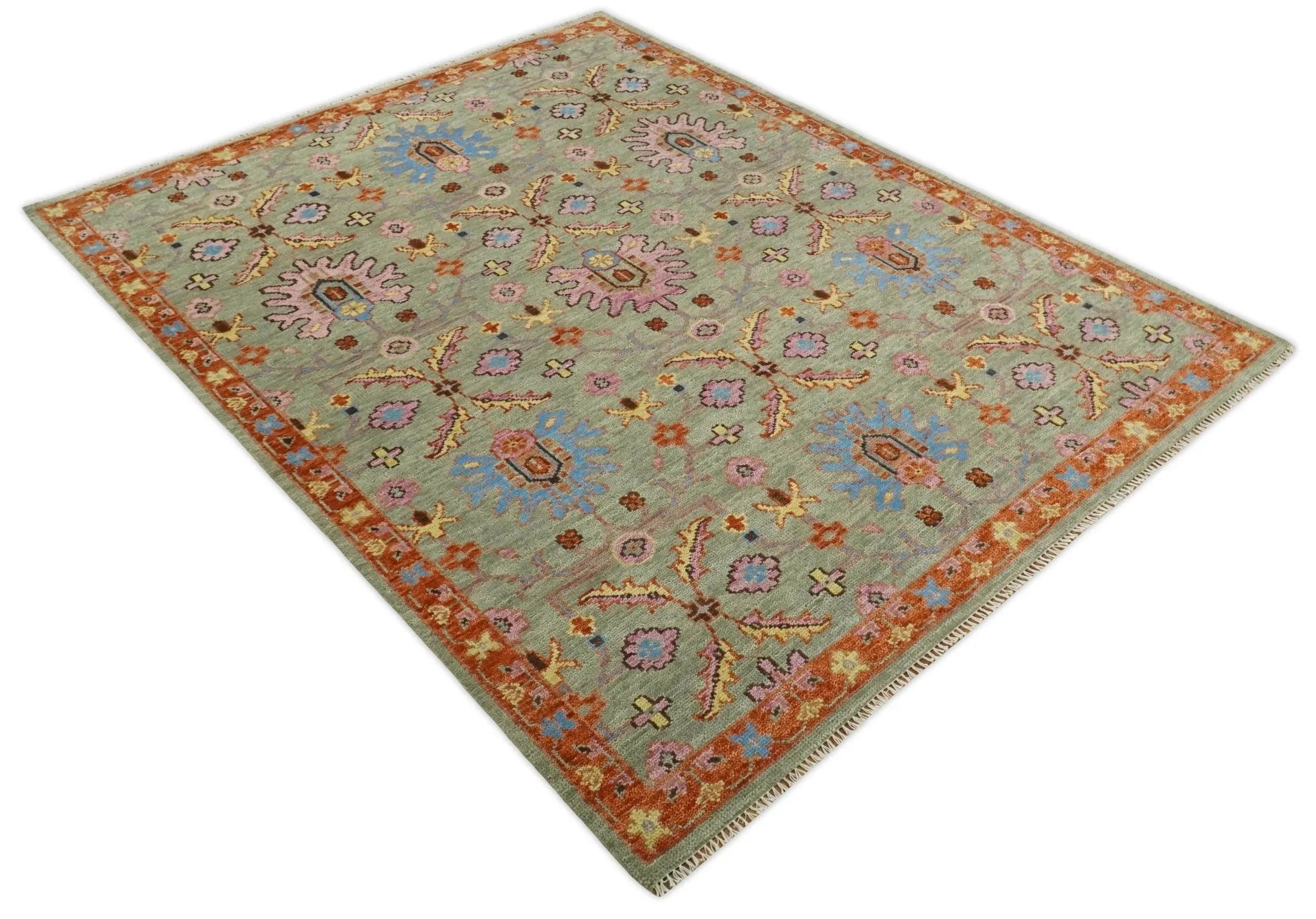 Vintage Style Beige, Rust, Pink and Blue Hand Knotted Traditional Oushak Multi Size wool Area Rug