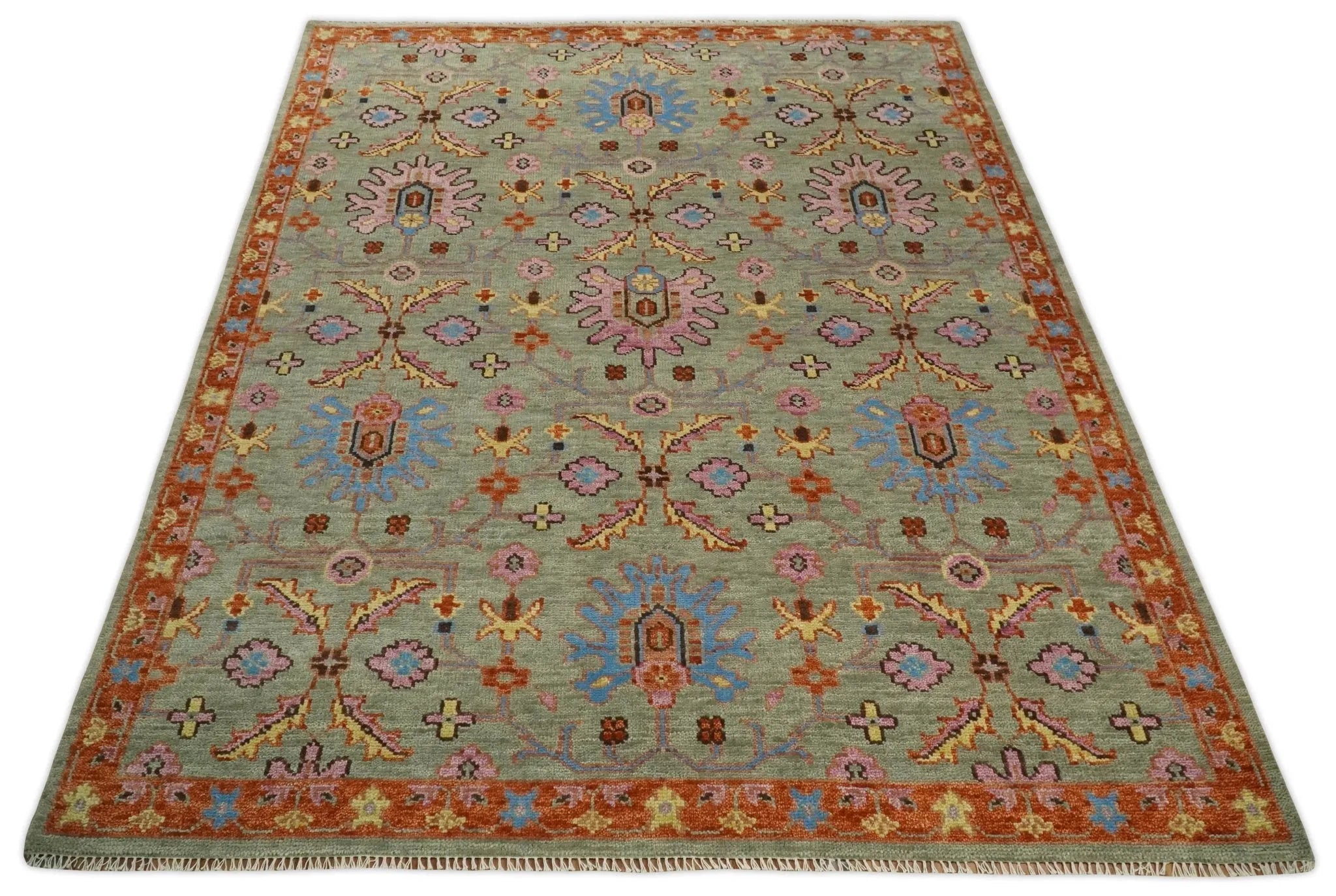 Vintage Style Beige, Rust, Pink and Blue Hand Knotted Traditional Oushak Multi Size wool Area Rug