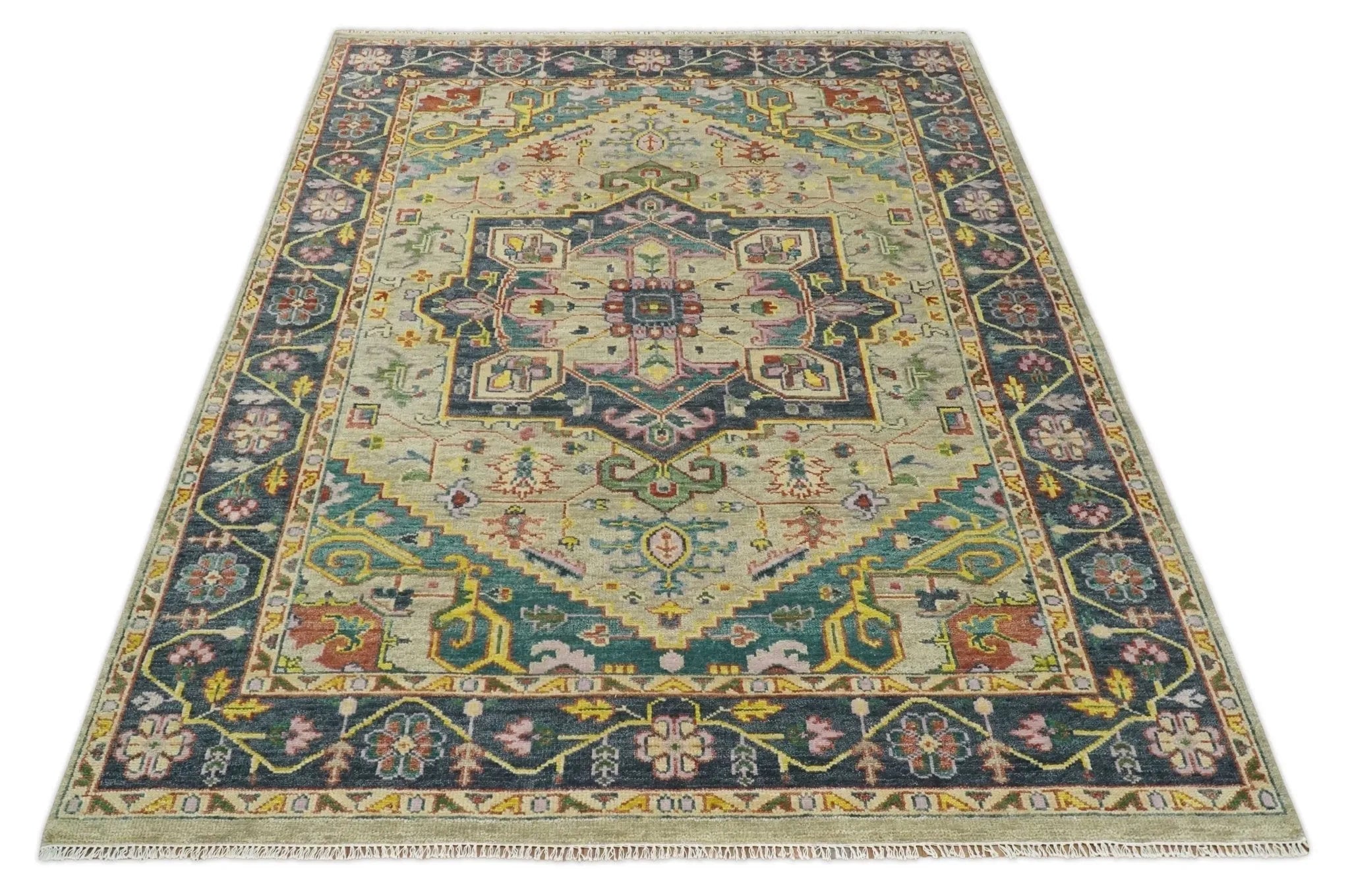 Custom Made Antique look Hand Knotted Camel, Teal and Charcoal Traditional Heriz Serapi Wool Rug