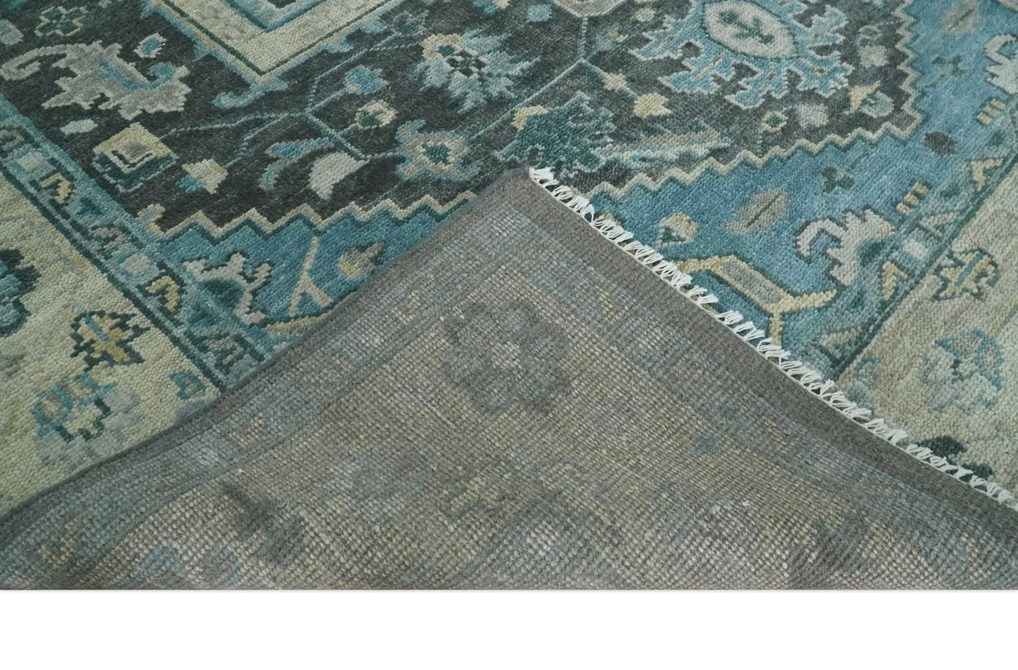 Antique look Hand Knotted Charcoal, Camel and Blue Traditional Heriz Serapi Multi size Wool Area Rug