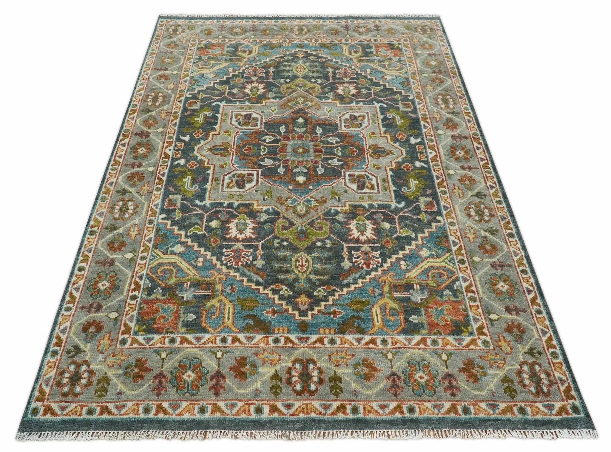 Hand Knotted Charcoal, Camel and Teal Traditional Heriz Serapi Multi size Wool Area Rug