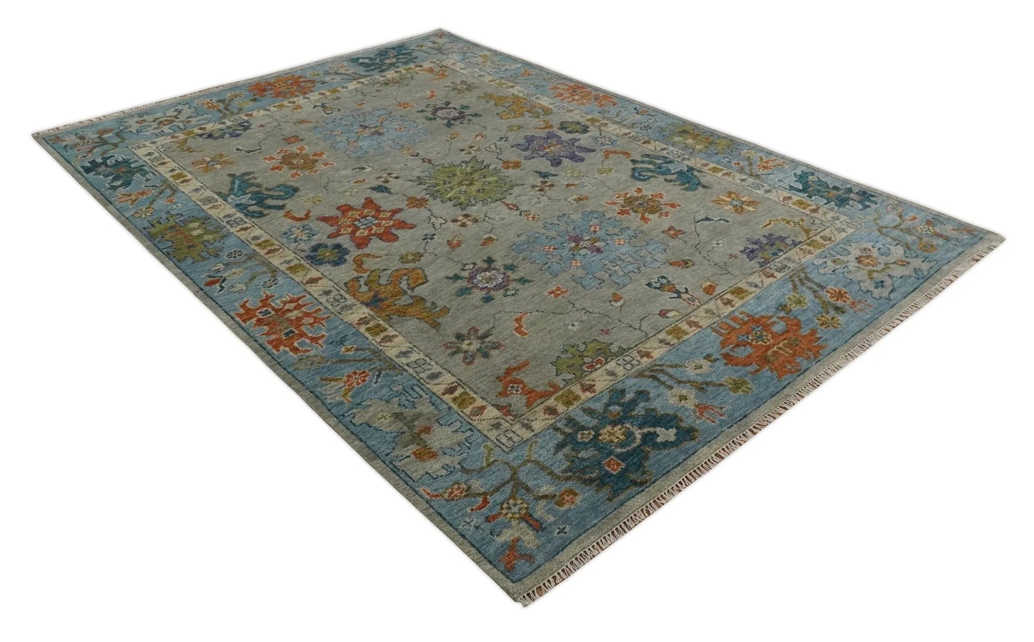 Antique Hand Knotted Gray, Beige and Blue Traditional Oushak Vintage Style Multi Size Wool area Rug