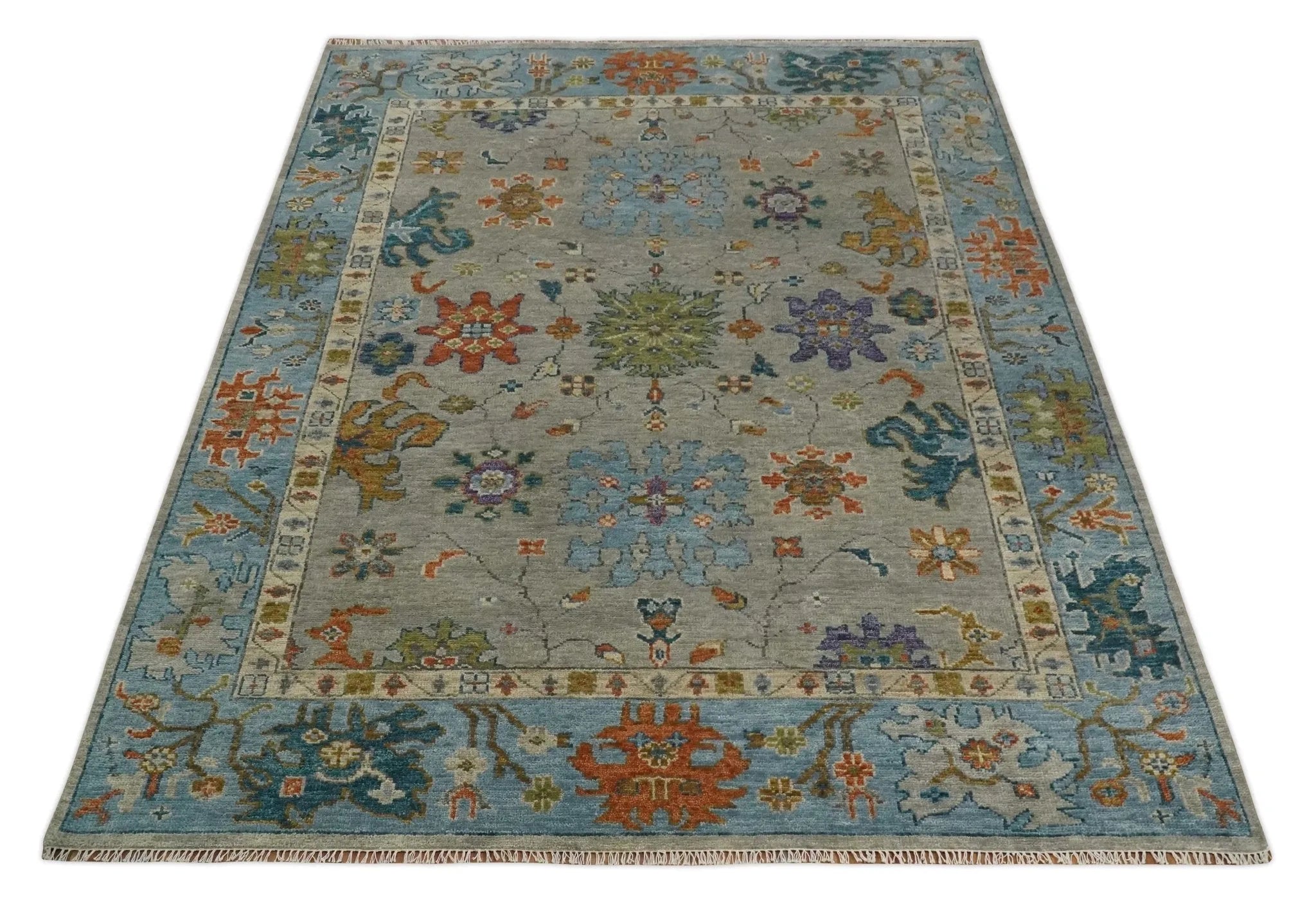 Antique Hand Knotted Gray, Beige and Blue Traditional Oushak Vintage Style Multi Size Wool area Rug