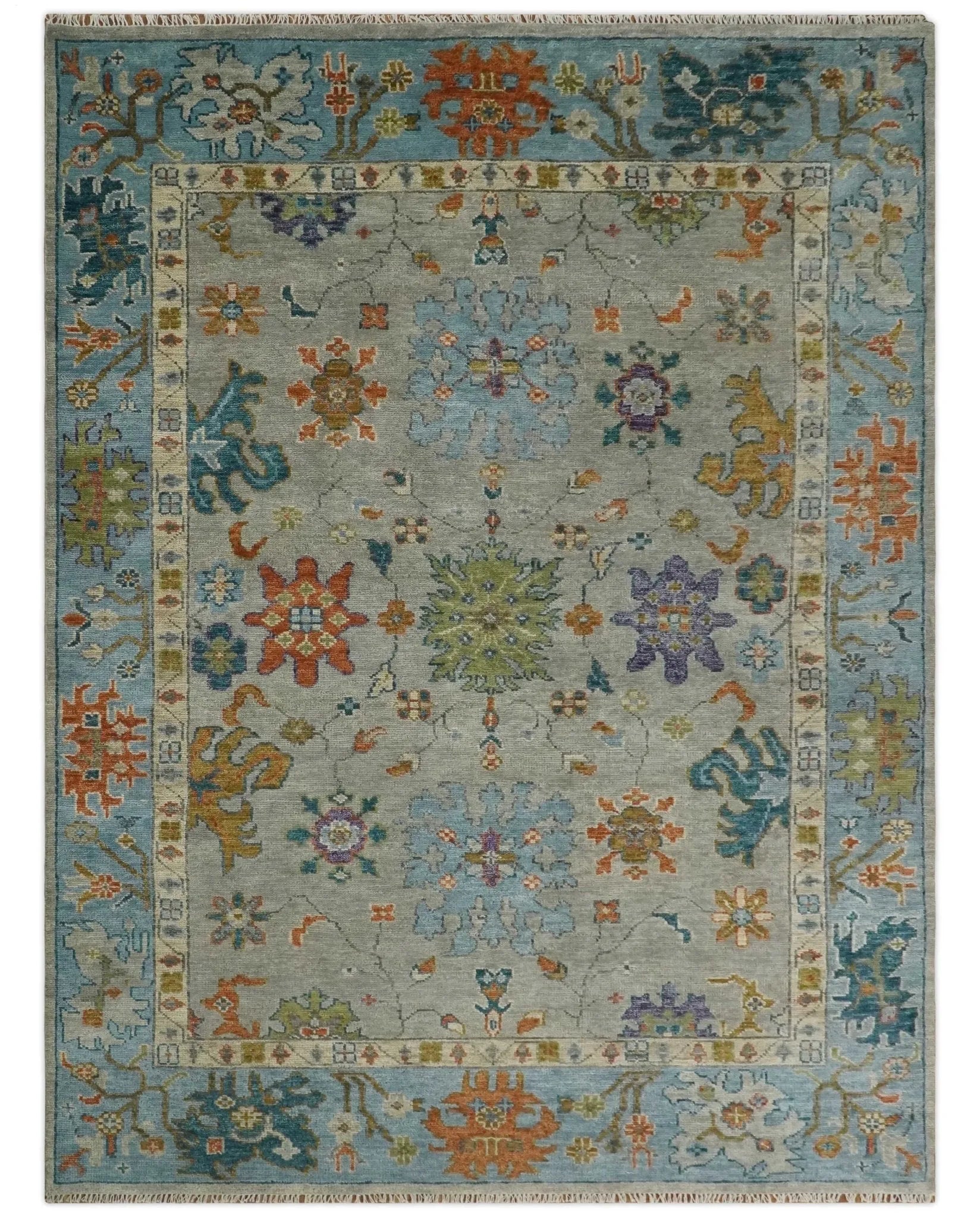 Antique Hand Knotted Gray, Beige and Blue Traditional Oushak Vintage Style Multi Size Wool area Rug