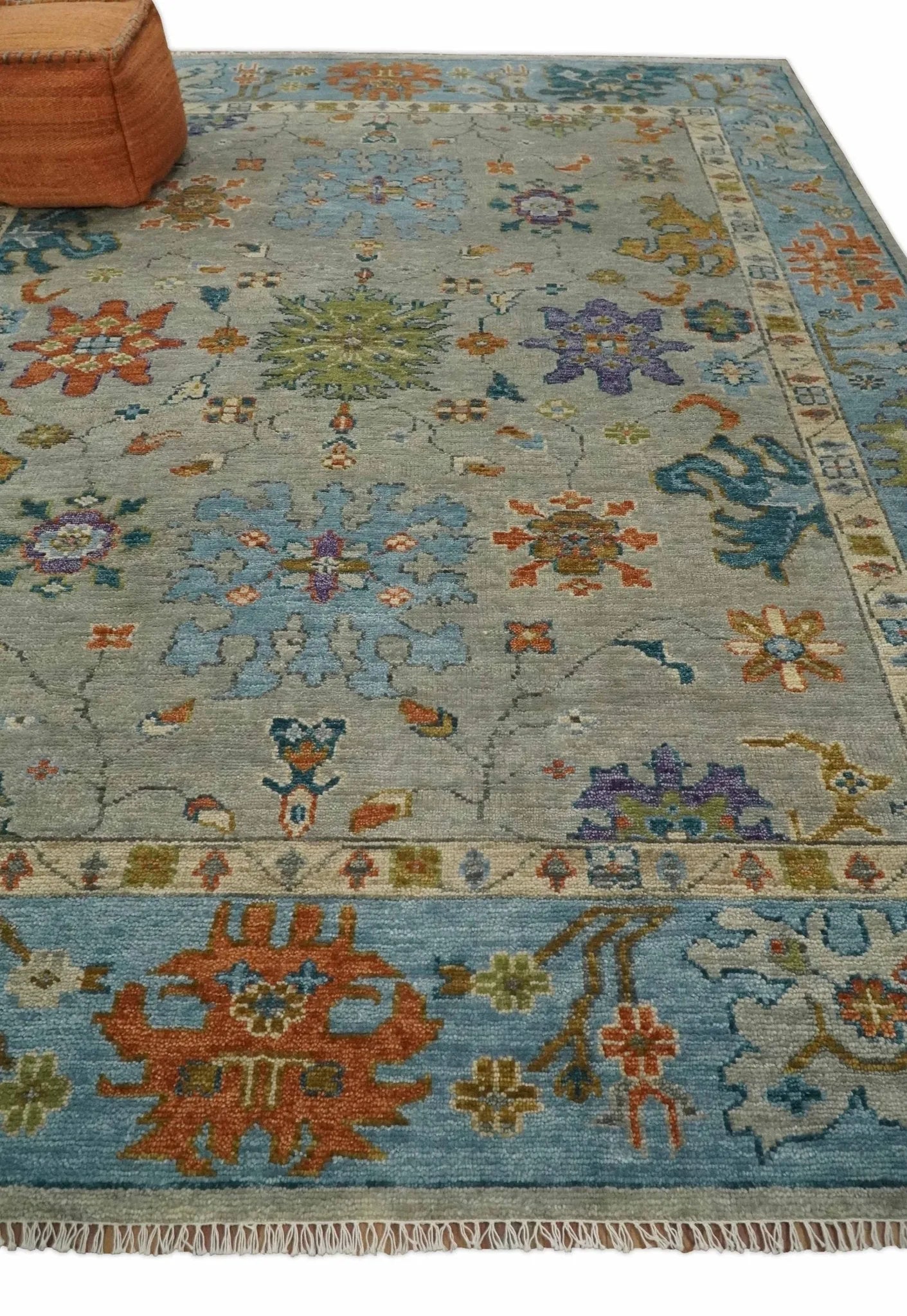 Antique Hand Knotted Gray, Beige and Blue Traditional Oushak Vintage Style Multi Size Wool area Rug