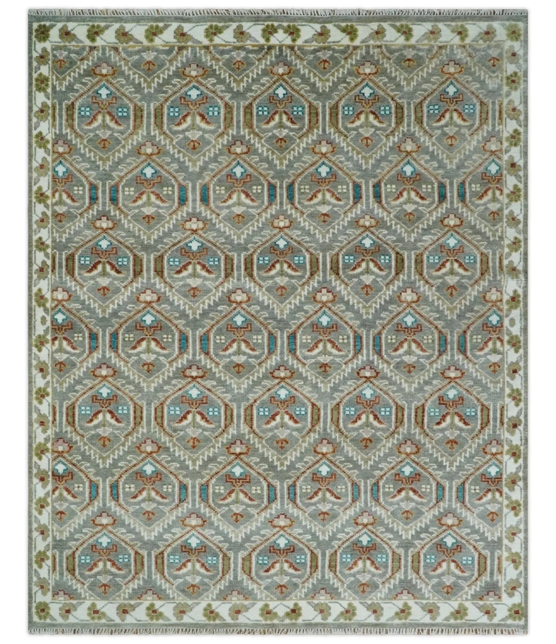 Antique look Traditional Hand Knotted Silver, Ivory and Rust Multi Size Area Rug