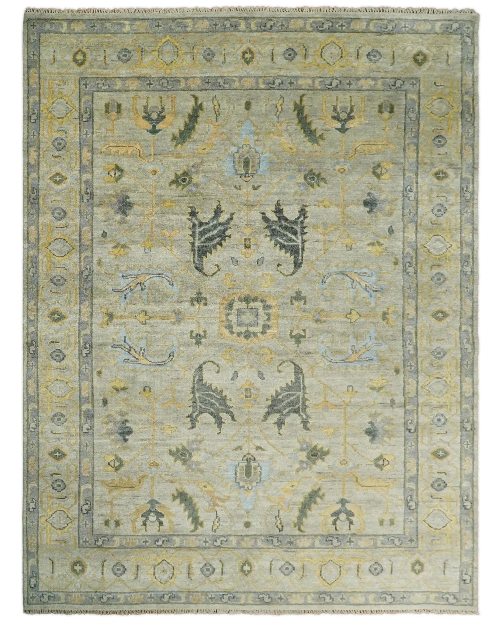 Antique 9x12 Hand Knotted Beige and Silver Traditional Persian Vintage Oushak Wool Rug | TRDCP705912