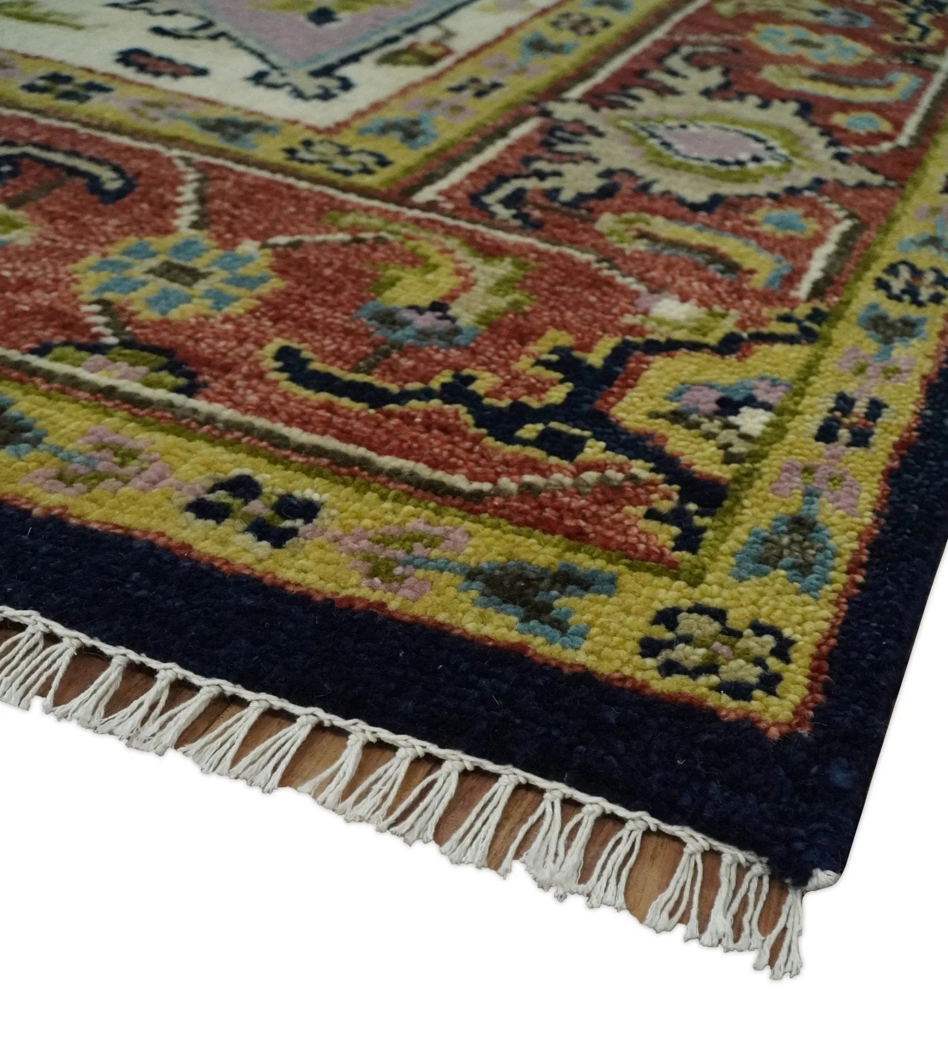 Blue and Rust Hand Knotted Traditional Vintage Style Heriz Serapi Multi Size Wool Area Rug