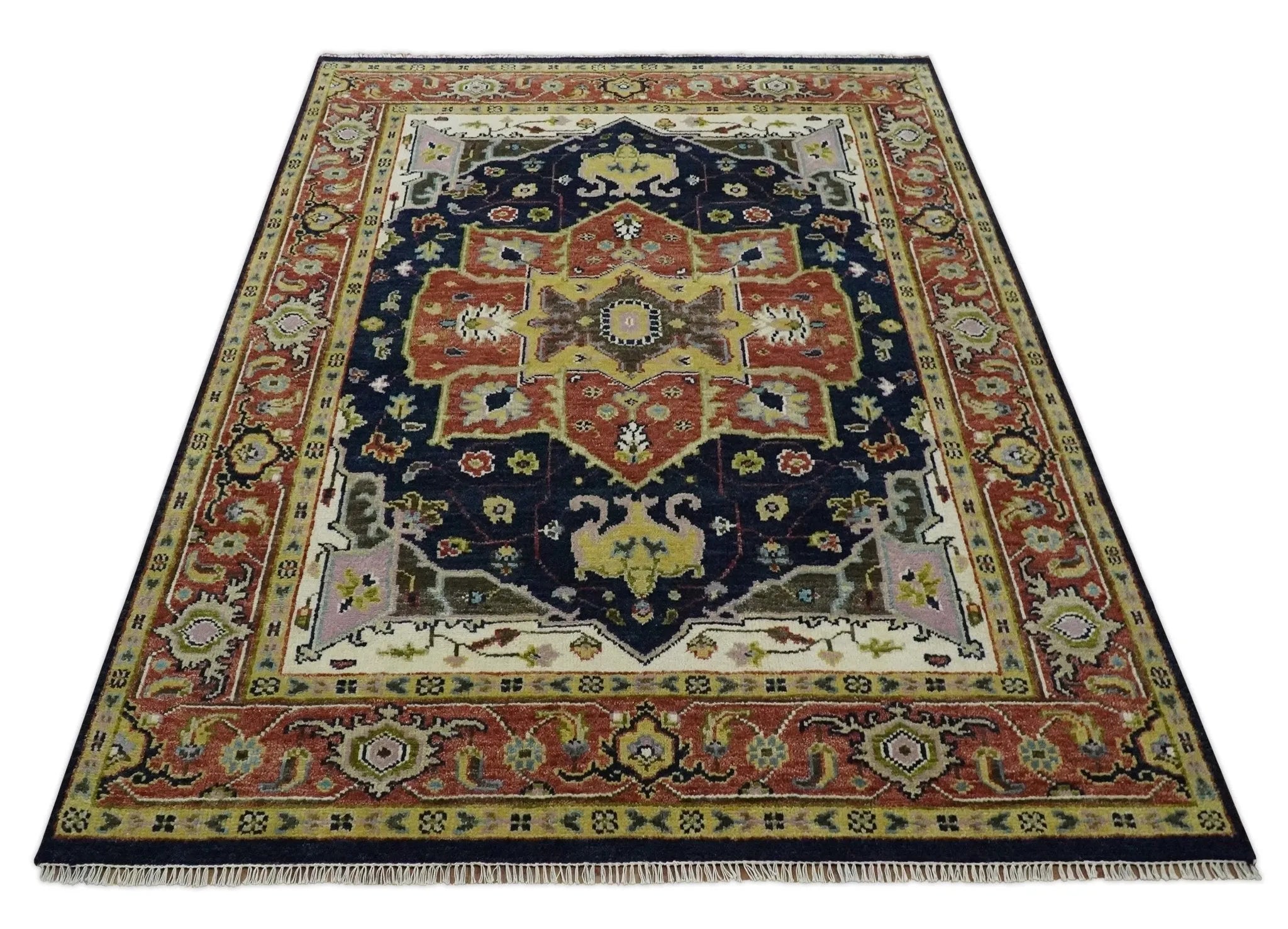 Blue and Rust Hand Knotted Traditional Vintage Style Heriz Serapi Multi Size Wool Area Rug