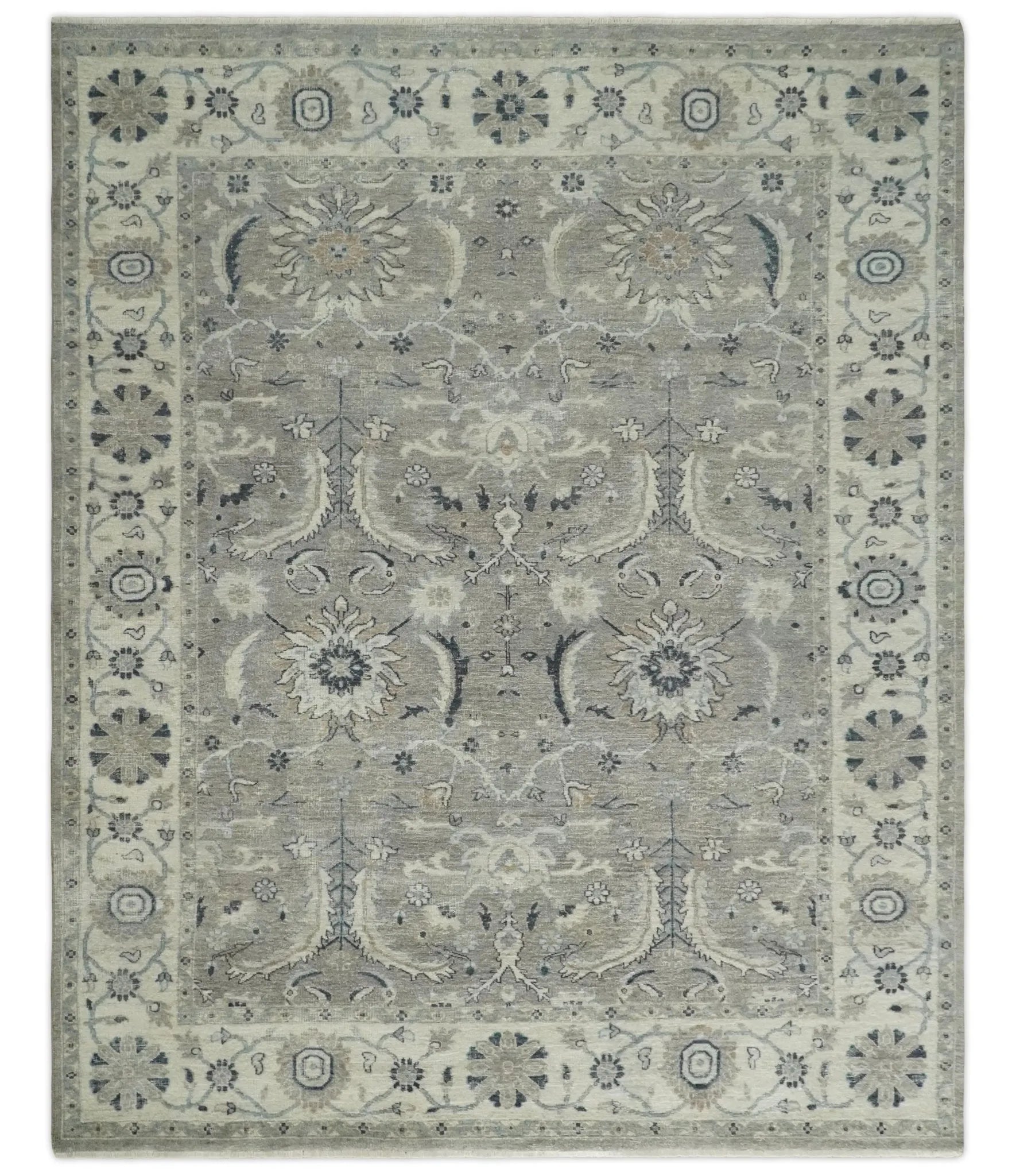 Custom Made Antique Distressed Brown and Beige Hand Knotted Traditional Oriental Oushak Wool Area Rug