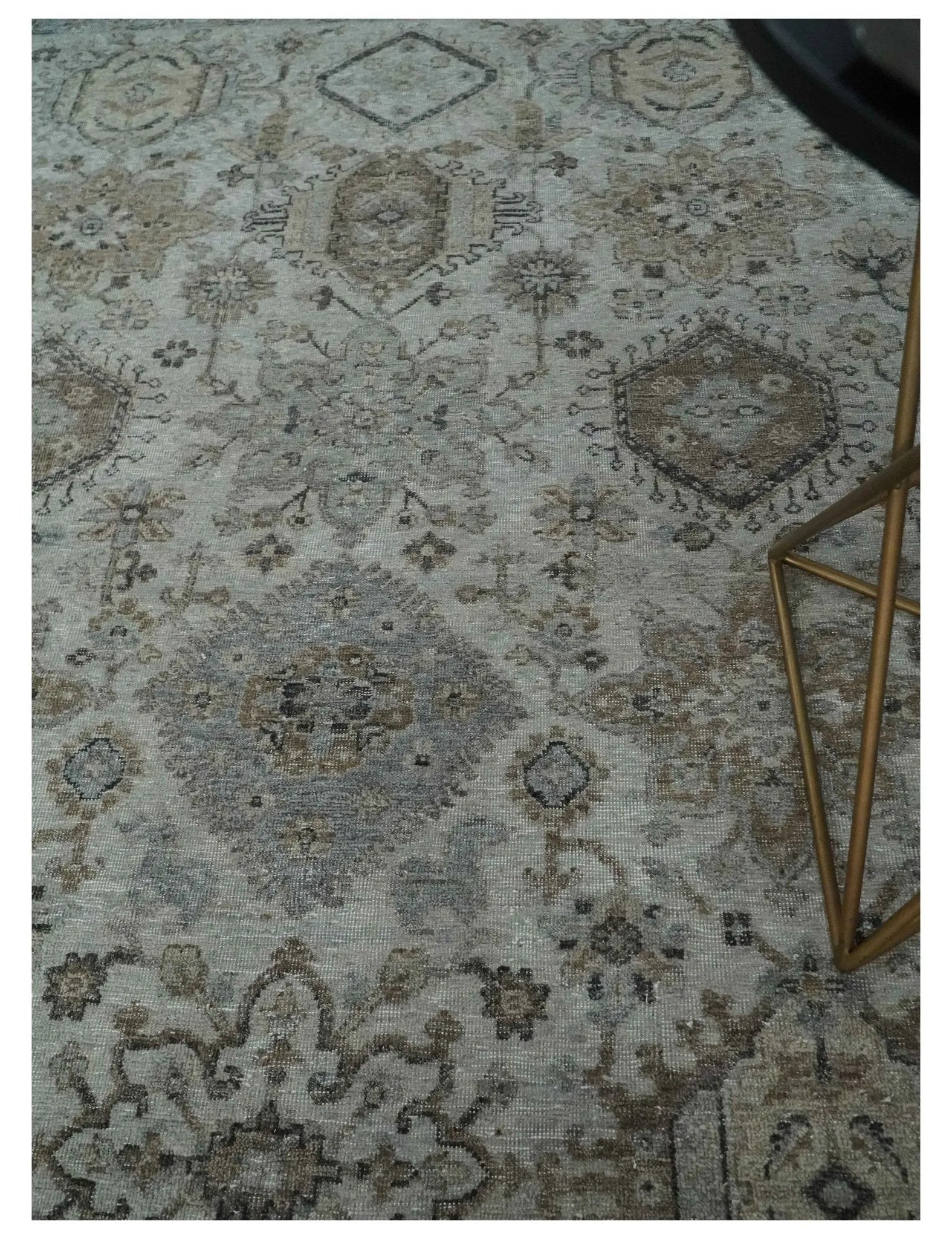 Antique Distressed finished Look Ivory, Charcoal and Beige Custom Made wool Area Rug